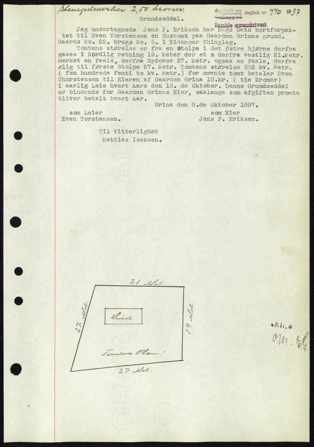 Bamble sorenskriveri, AV/SAKO-A-214/G/Ga/Gag/L0002: Mortgage book no. A-2, 1937-1938, Diary no: : 770/1937