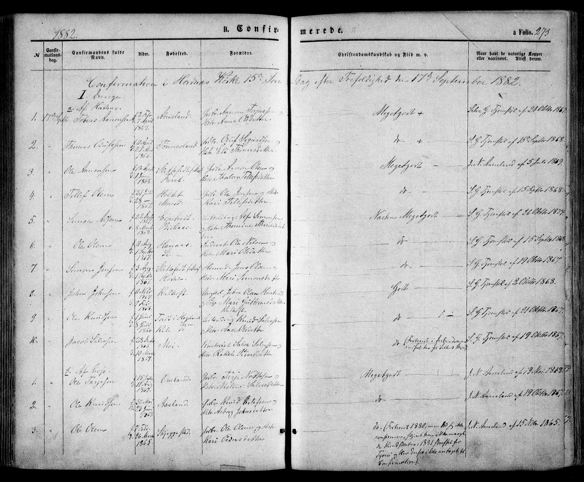 Evje sokneprestkontor, SAK/1111-0008/F/Fa/Faa/L0006: Parish register (official) no. A 6, 1866-1884, p. 273