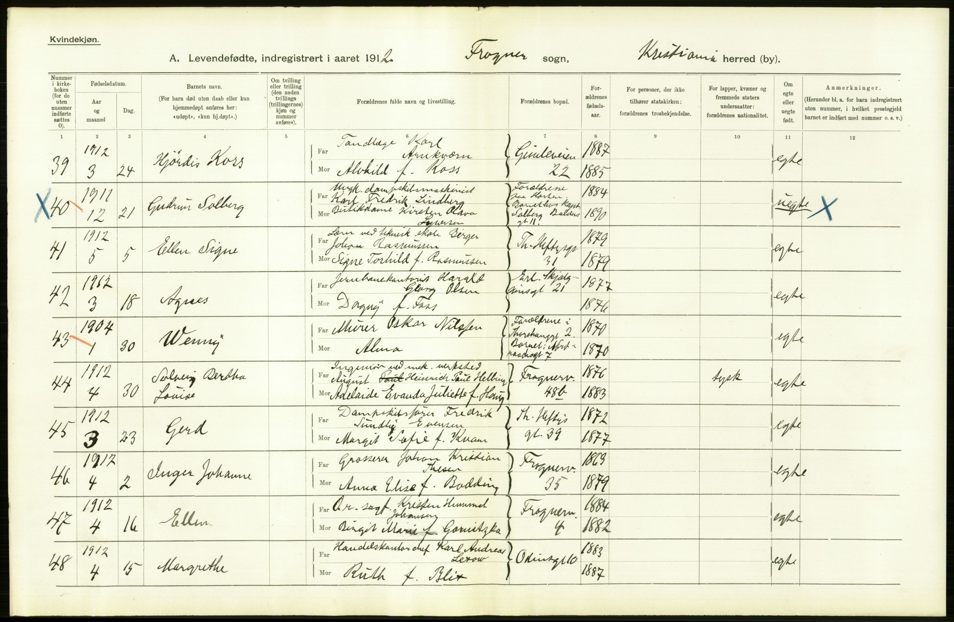 Statistisk sentralbyrå, Sosiodemografiske emner, Befolkning, RA/S-2228/D/Df/Dfb/Dfbb/L0007: Kristiania:  Levendefødte menn og kvinner., 1912, p. 476