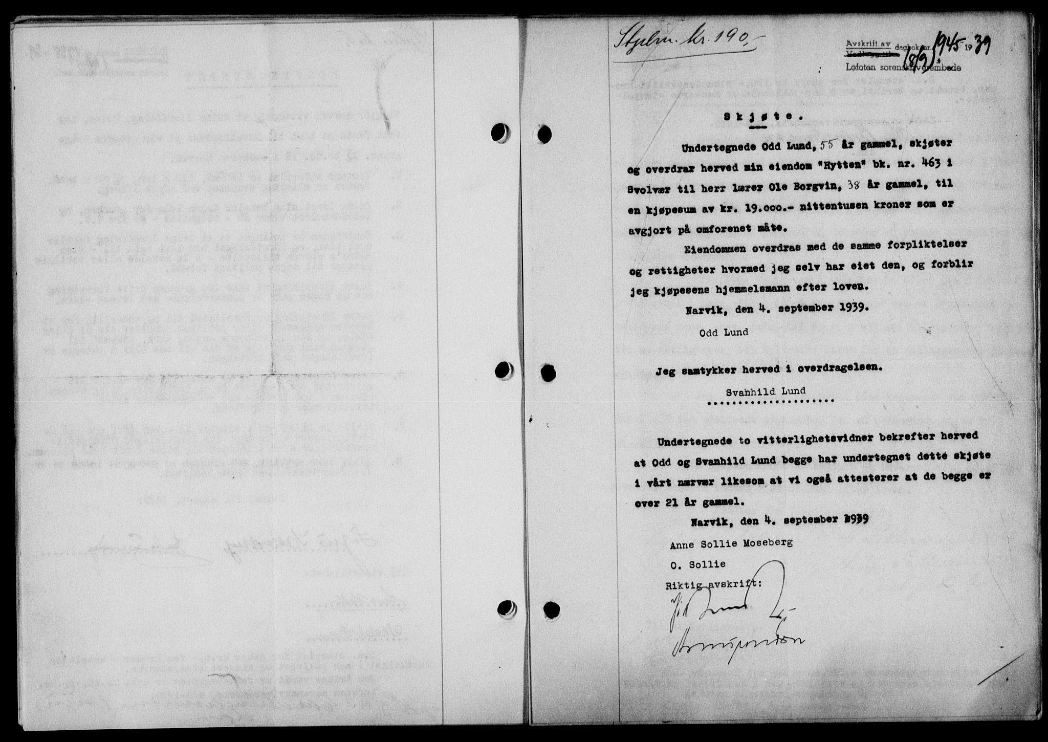 Lofoten sorenskriveri, SAT/A-0017/1/2/2C/L0006a: Mortgage book no. 6a, 1939-1939, Diary no: : 1945/1939