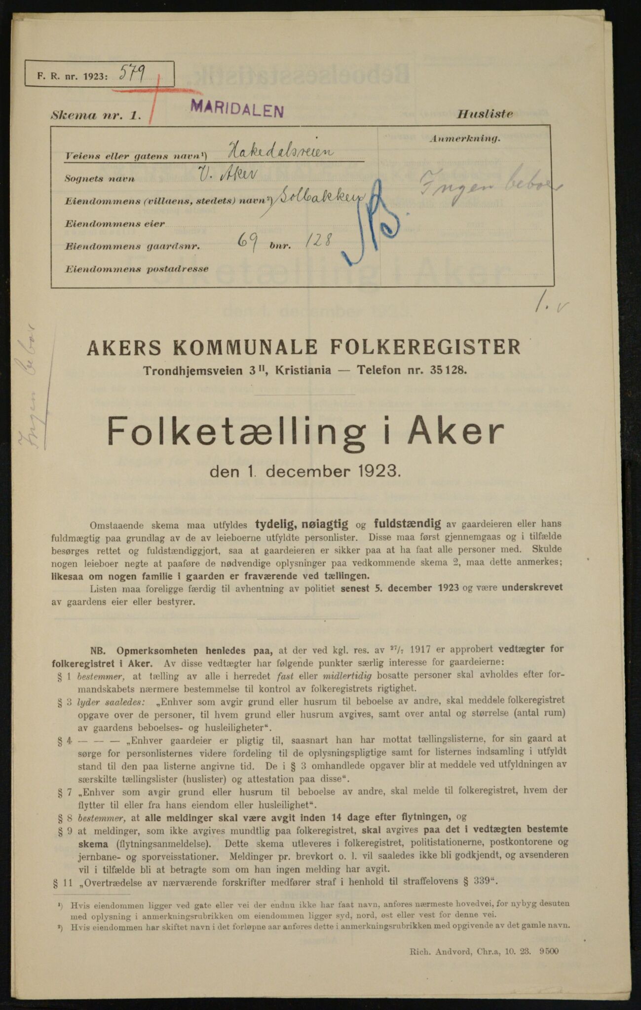 , Municipal Census 1923 for Aker, 1923, p. 11000