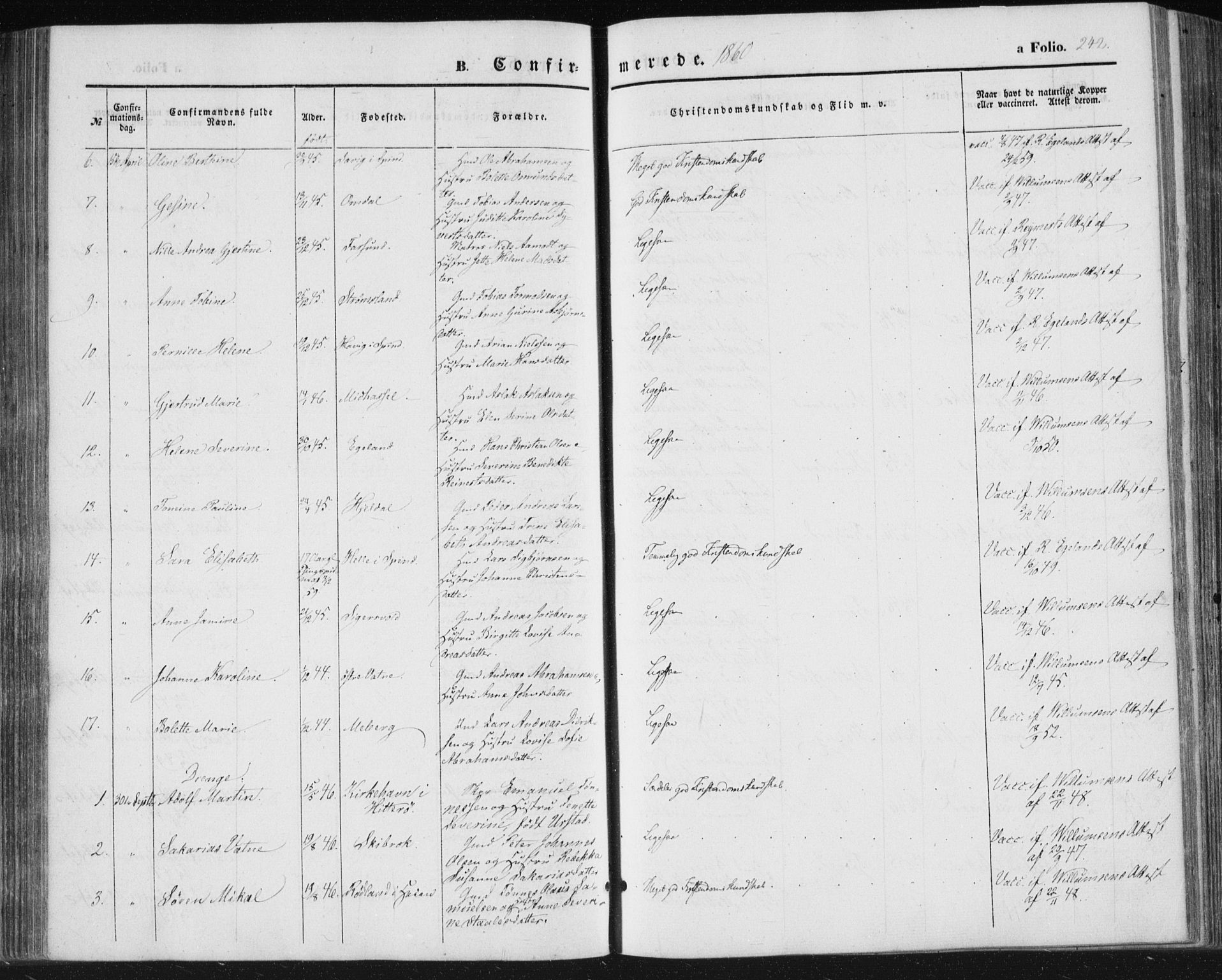 Lista sokneprestkontor, AV/SAK-1111-0027/F/Fa/L0010: Parish register (official) no. A 10, 1846-1861, p. 242