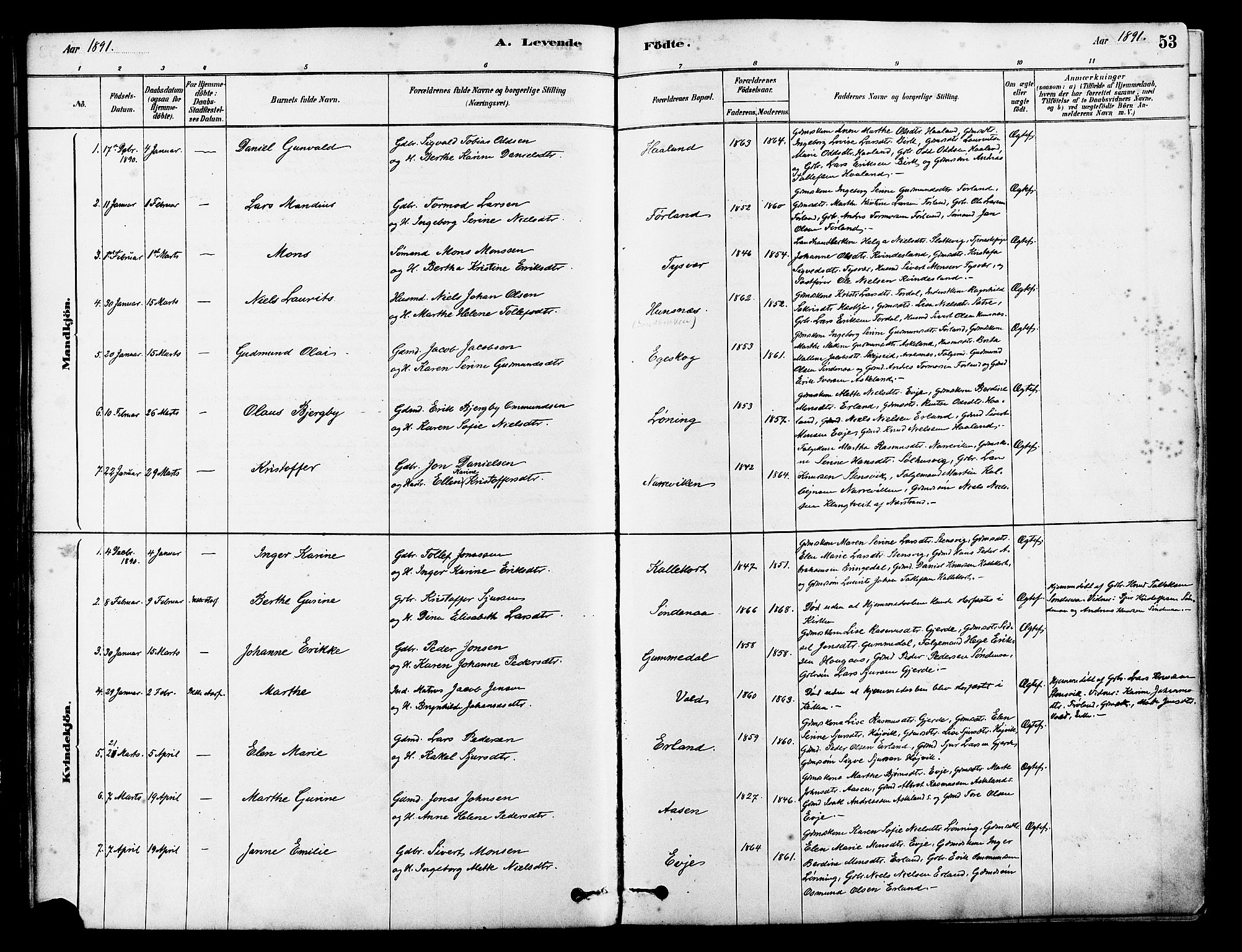 Tysvær sokneprestkontor, SAST/A -101864/H/Ha/Haa/L0006: Parish register (official) no. A 6, 1878-1896, p. 53