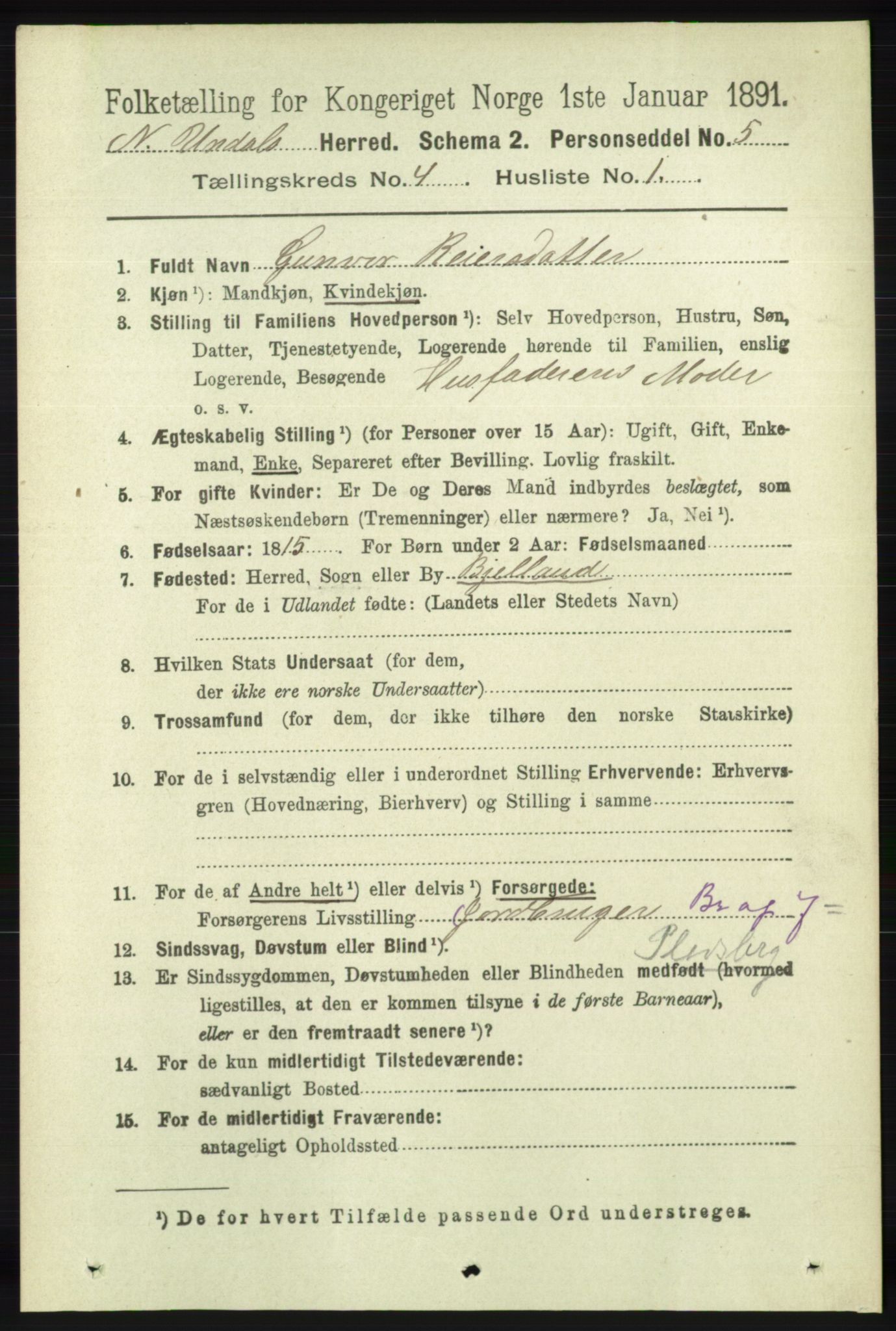 RA, 1891 census for 1028 Nord-Audnedal, 1891, p. 1099