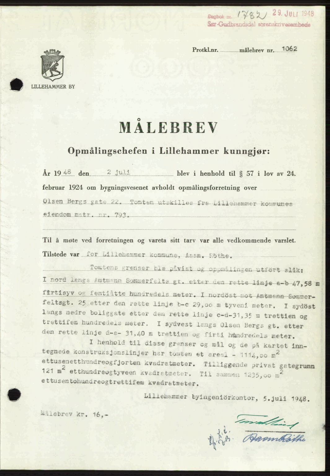 Sør-Gudbrandsdal tingrett, SAH/TING-004/H/Hb/Hbd/L0022: Mortgage book no. A22, 1948-1948, Diary no: : 1782/1948