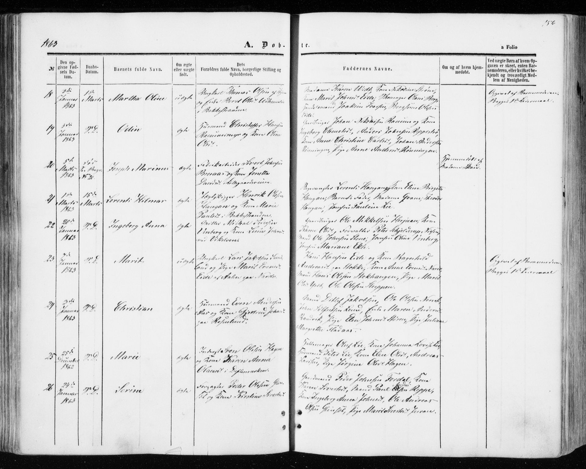 Ministerialprotokoller, klokkerbøker og fødselsregistre - Sør-Trøndelag, AV/SAT-A-1456/606/L0292: Parish register (official) no. 606A07, 1856-1865, p. 156