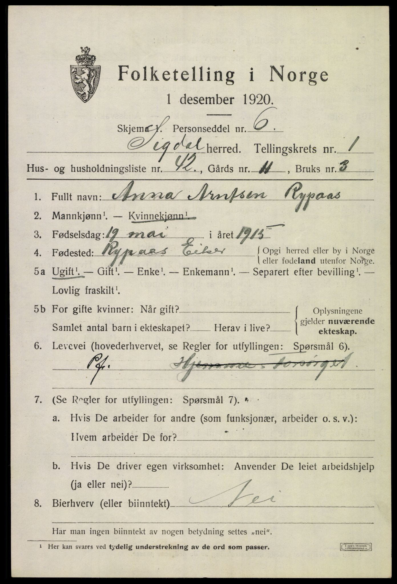 SAKO, 1920 census for Sigdal, 1920, p. 1912