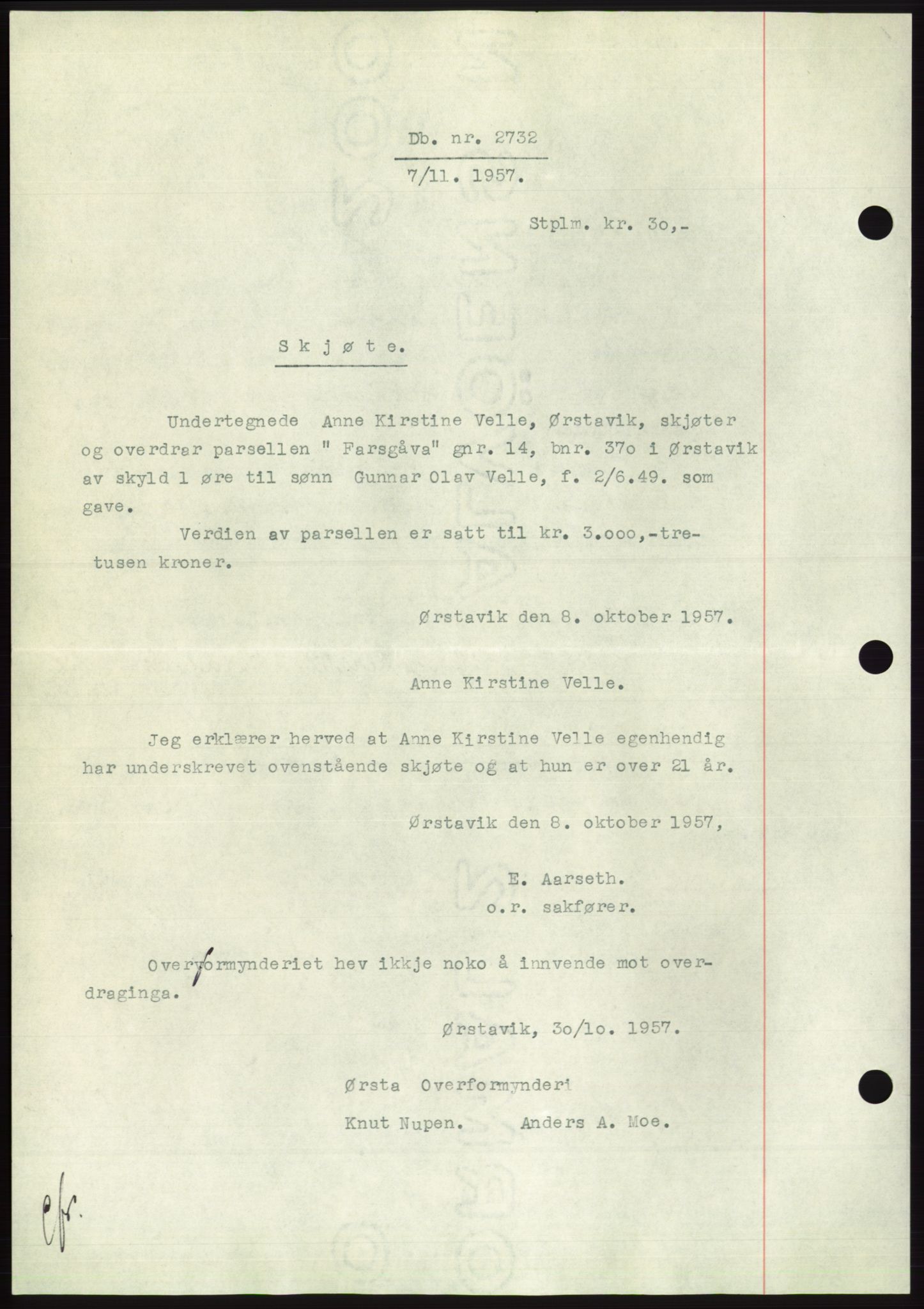 Søre Sunnmøre sorenskriveri, AV/SAT-A-4122/1/2/2C/L0108: Mortgage book no. 34A, 1957-1958, Diary no: : 2732/1957