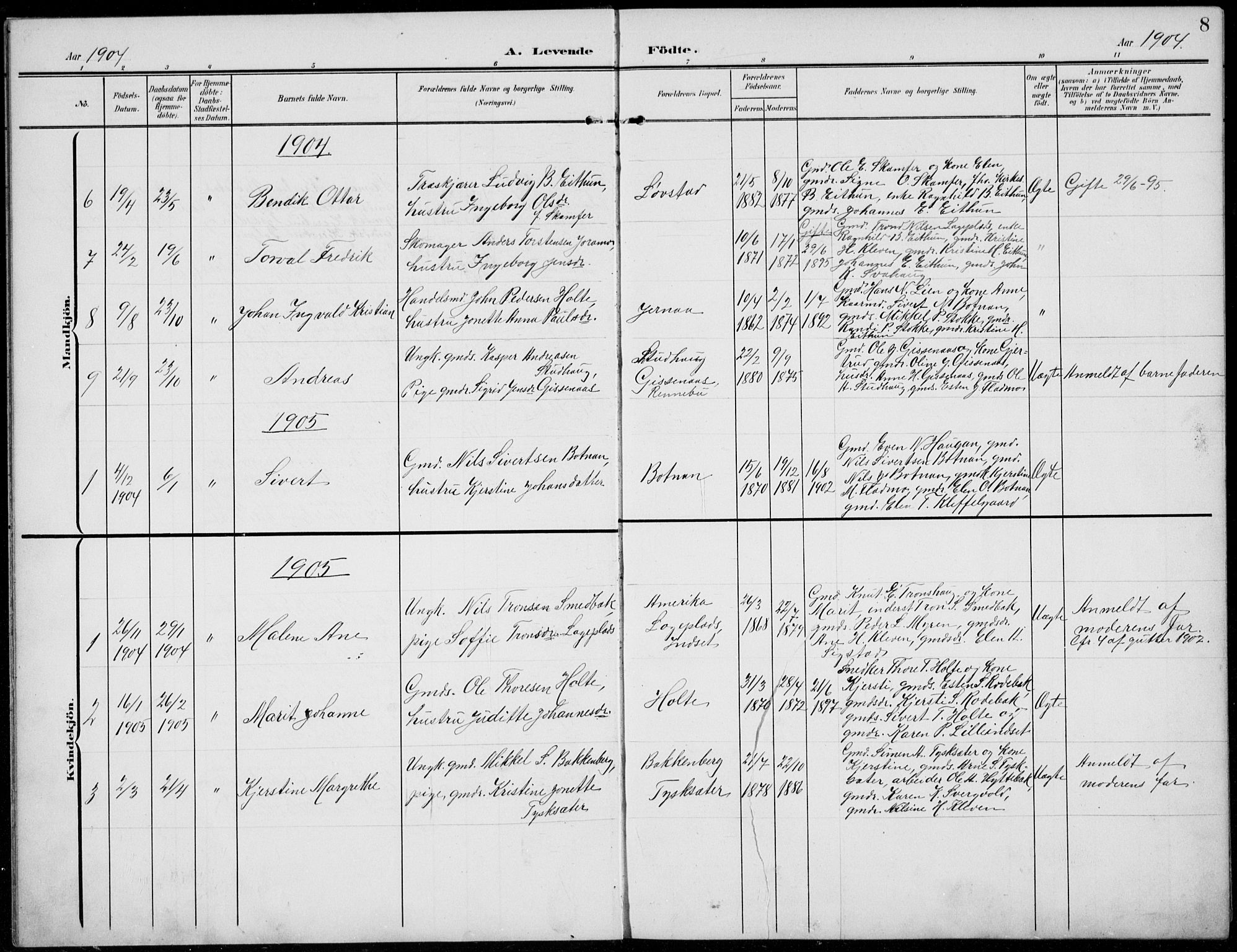 Kvikne prestekontor, SAH/PREST-064/H/Ha/Hab/L0004: Parish register (copy) no. 4, 1902-1937, p. 8