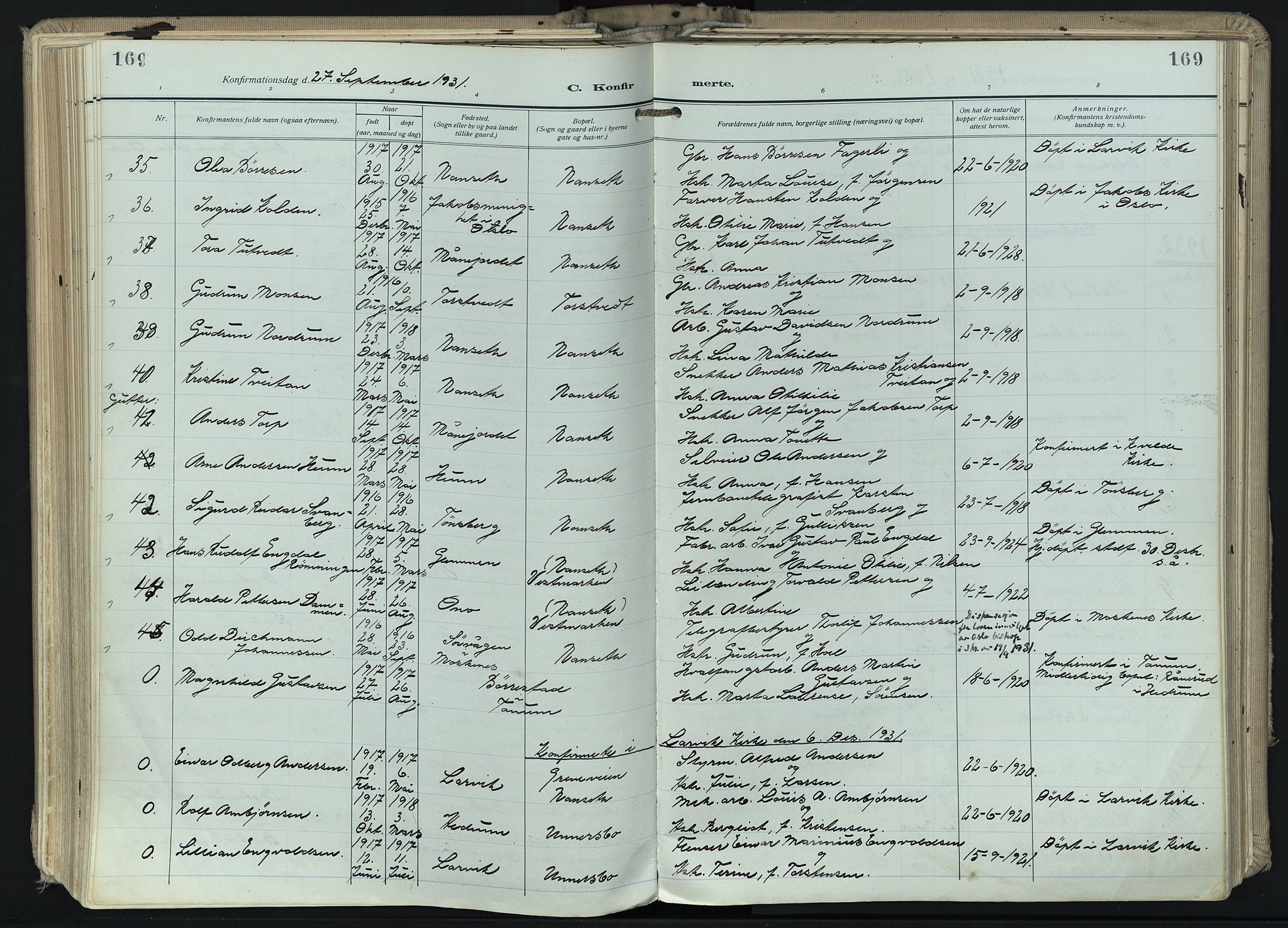 Hedrum kirkebøker, AV/SAKO-A-344/F/Fa/L0011: Parish register (official) no. I 11, 1919-1933, p. 169
