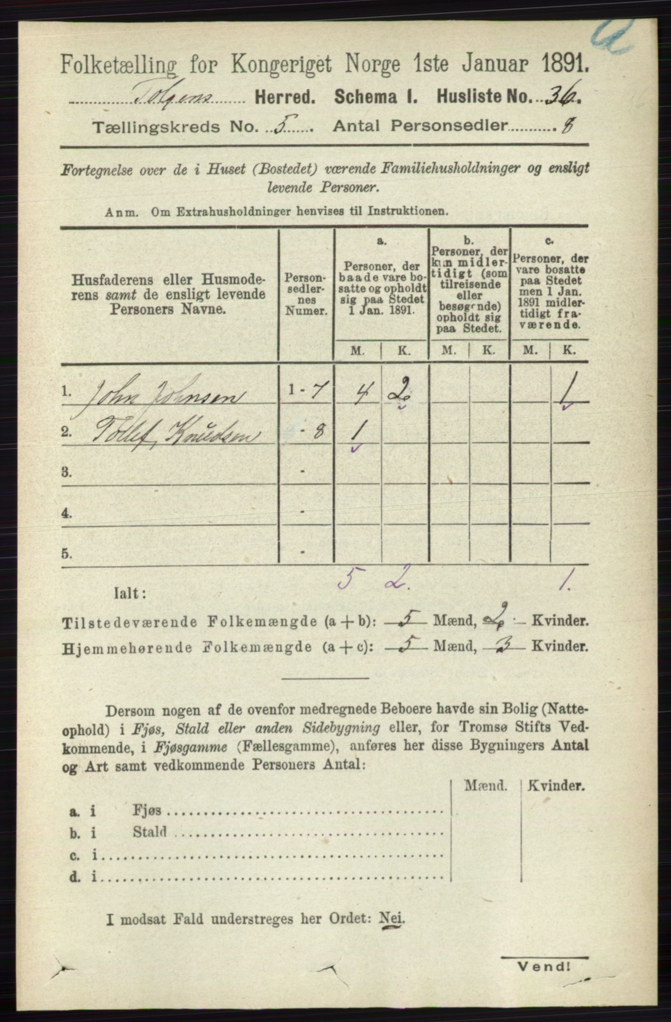 RA, 1891 census for 0436 Tolga, 1891, p. 1280