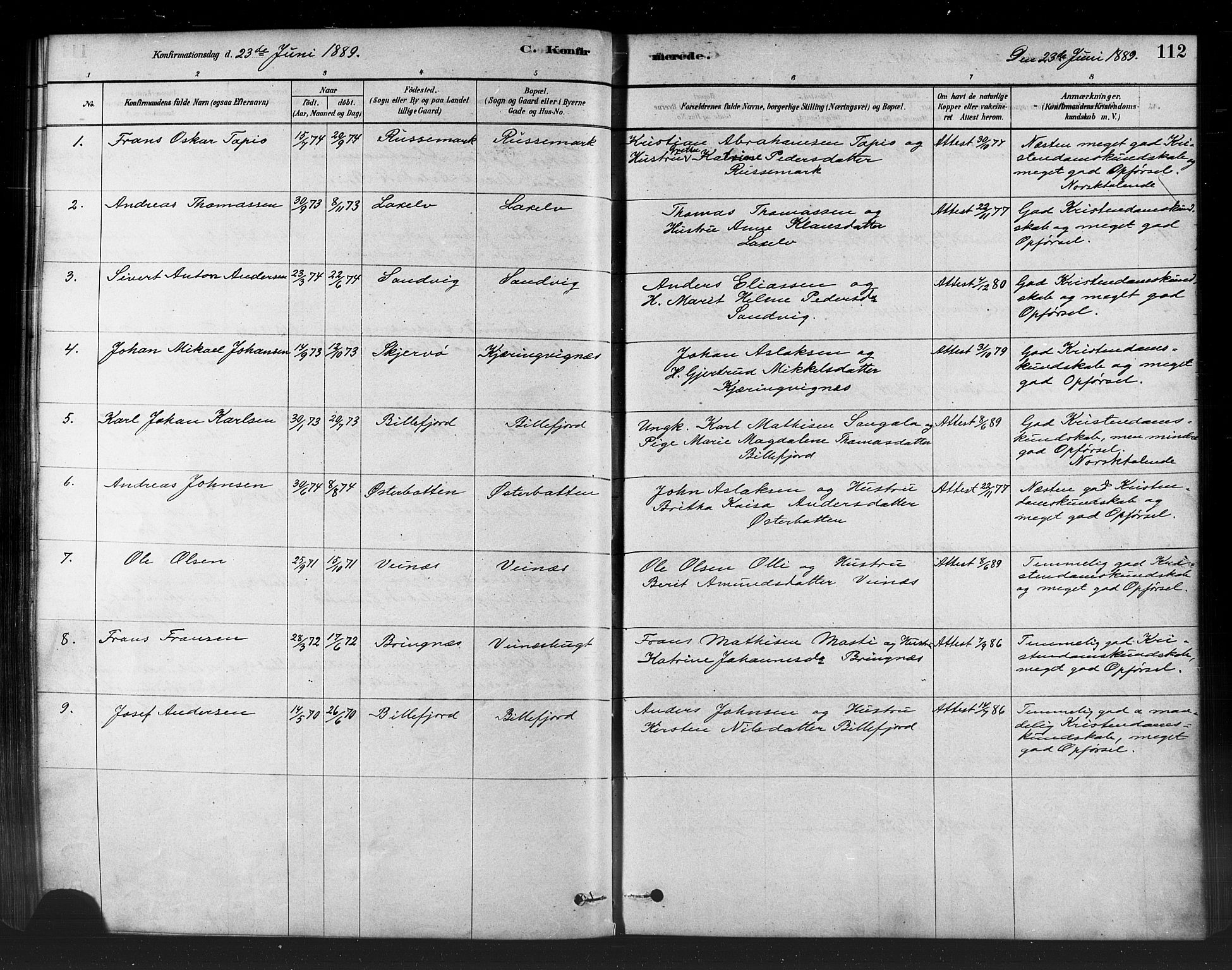 Kistrand/Porsanger sokneprestembete, SATØ/S-1351/H/Ha/L0007.kirke: Parish register (official) no. 7, 1881-1889, p. 112