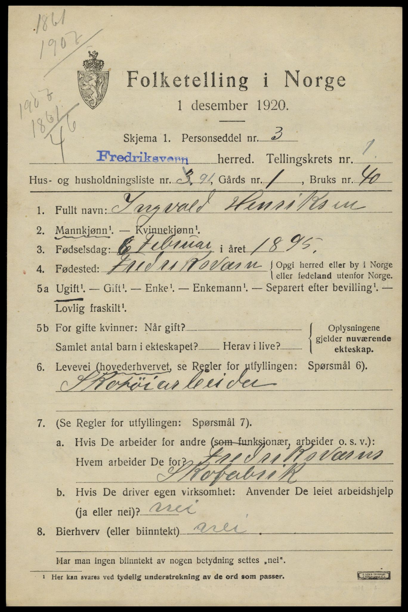 SAKO, 1920 census for Fredriksvern, 1920, p. 949