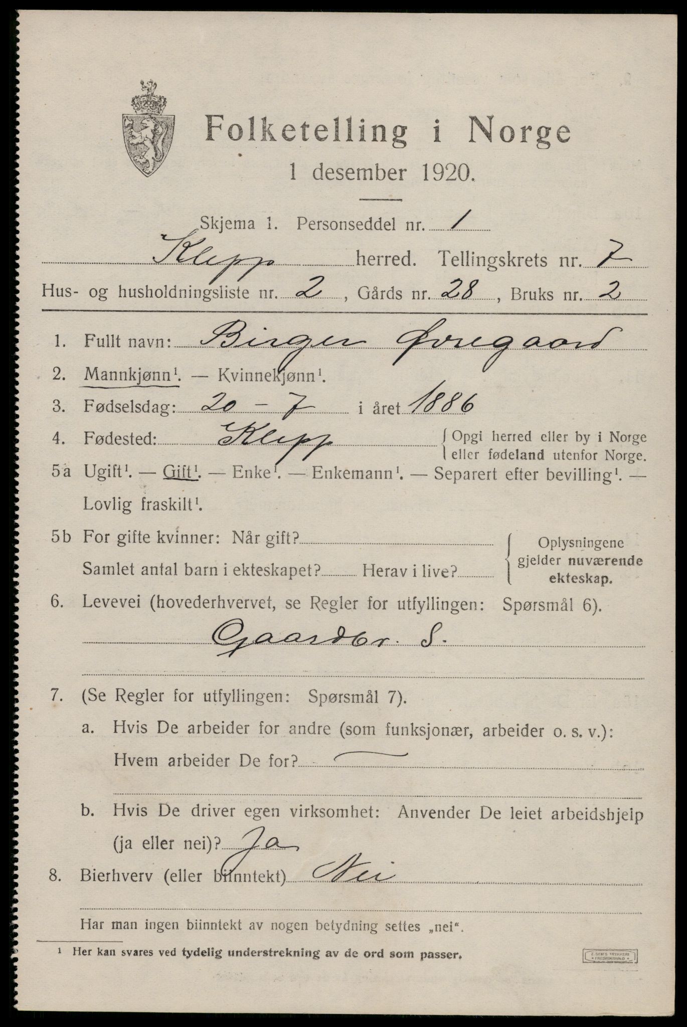 SAST, 1920 census for Klepp, 1920, p. 6584