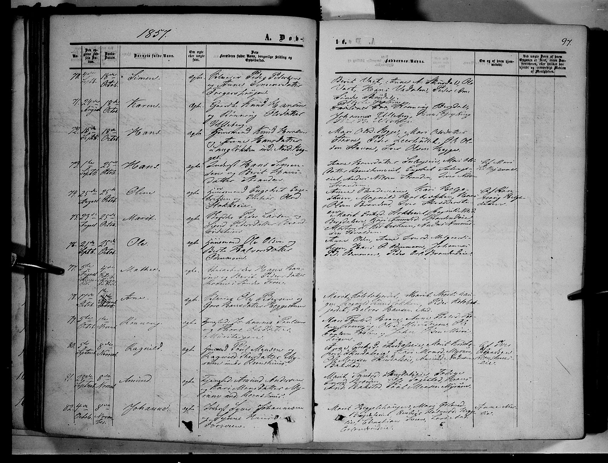 Sør-Fron prestekontor, SAH/PREST-010/H/Ha/Haa/L0001: Parish register (official) no. 1, 1849-1863, p. 97