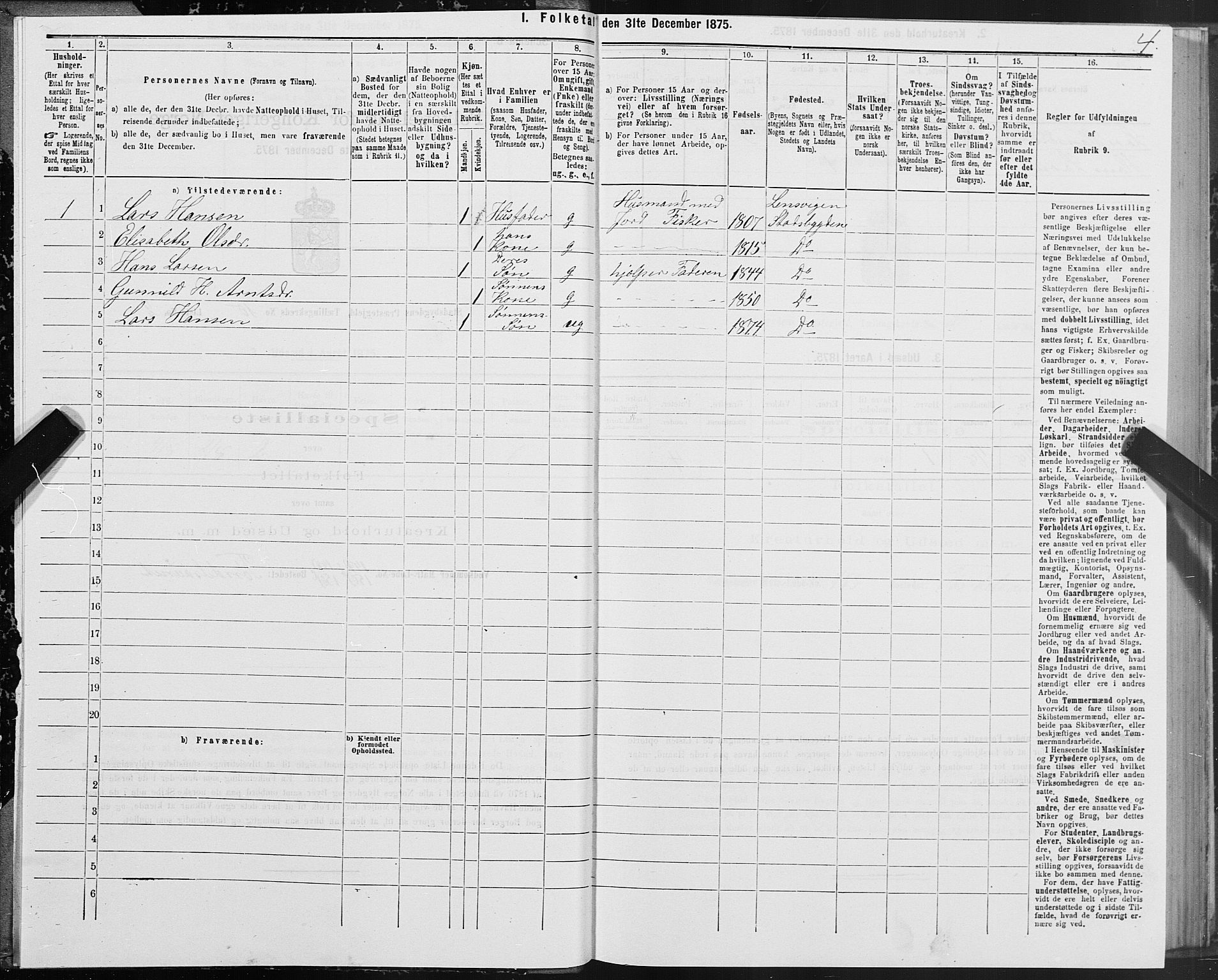 SAT, 1875 census for 1625P Stadsbygd, 1875, p. 6004