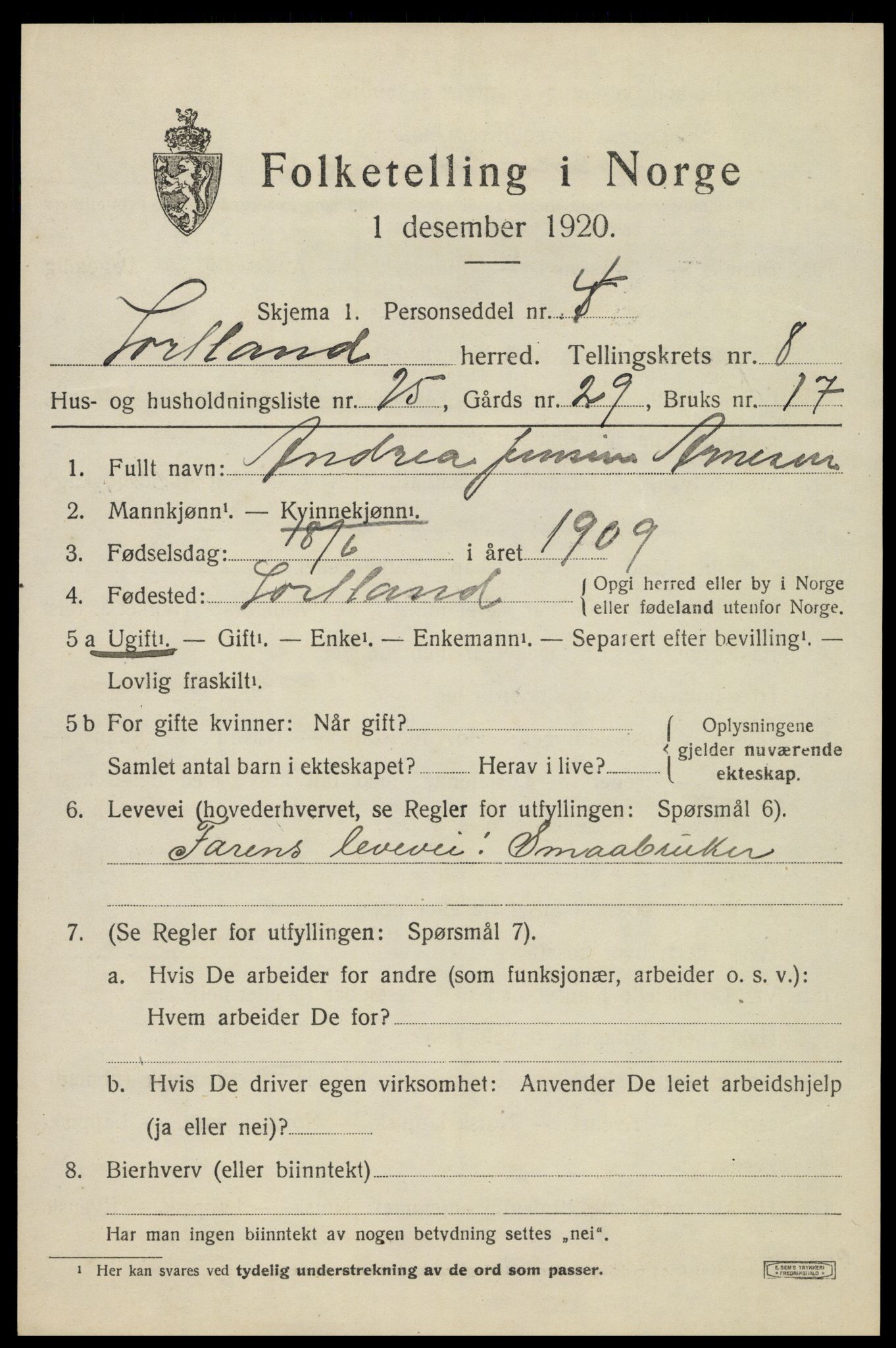 SAT, 1920 census for Sortland, 1920, p. 7120