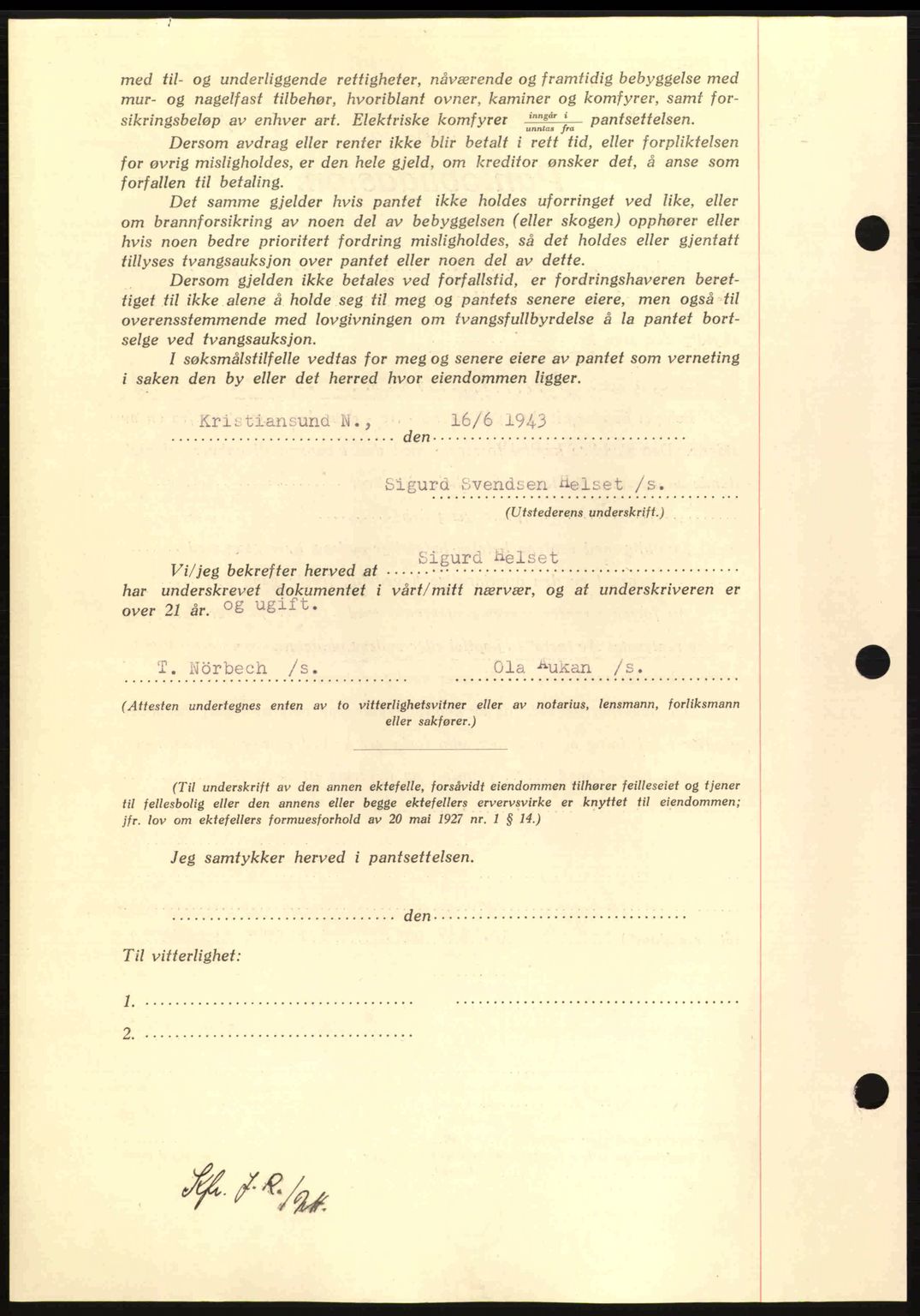 Nordmøre sorenskriveri, AV/SAT-A-4132/1/2/2Ca: Mortgage book no. B90, 1942-1943, Diary no: : 1457/1943