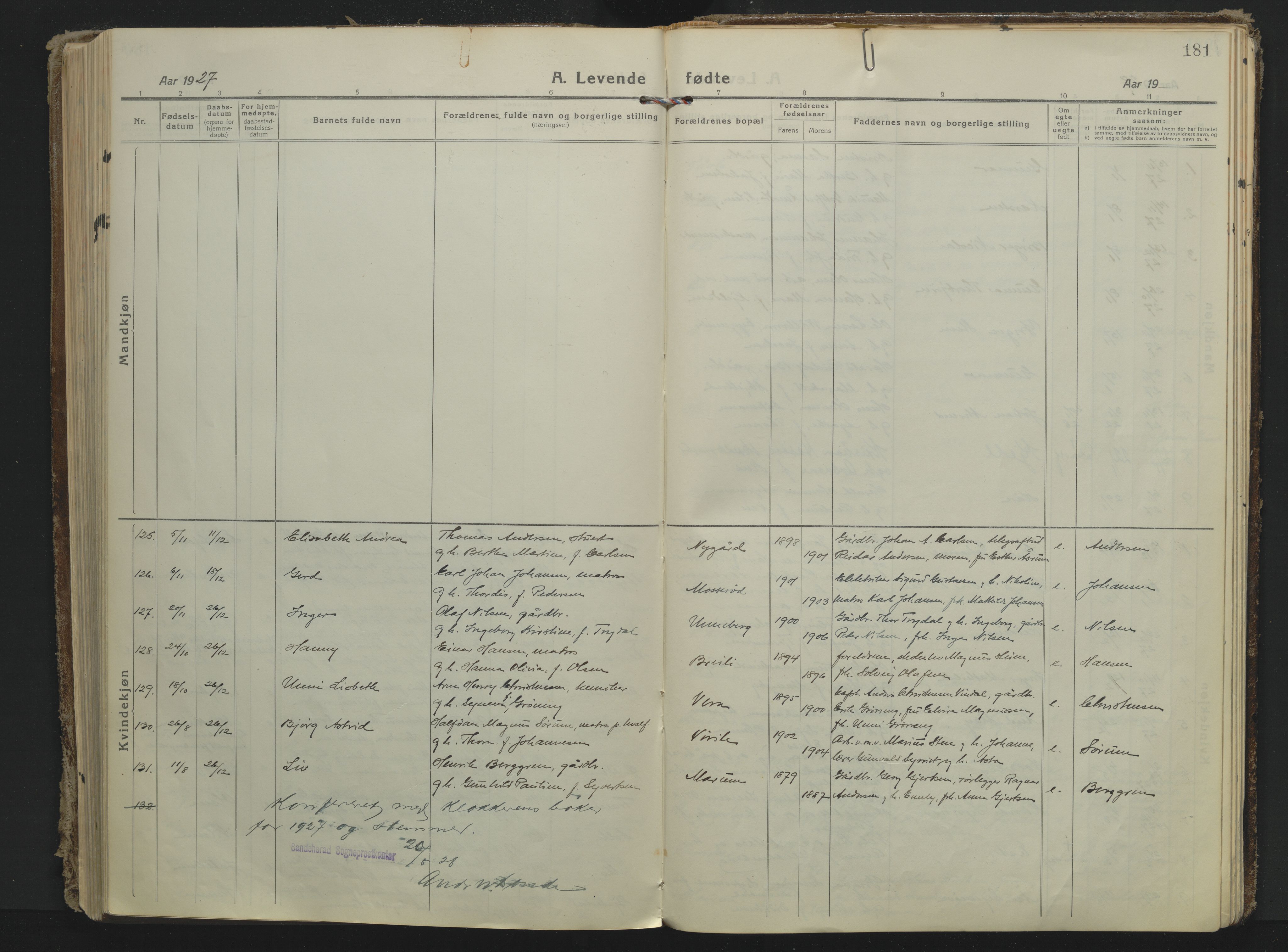 Sandar kirkebøker, AV/SAKO-A-243/F/Fa/L0022: Parish register (official) no. 22, 1919-1931, p. 181