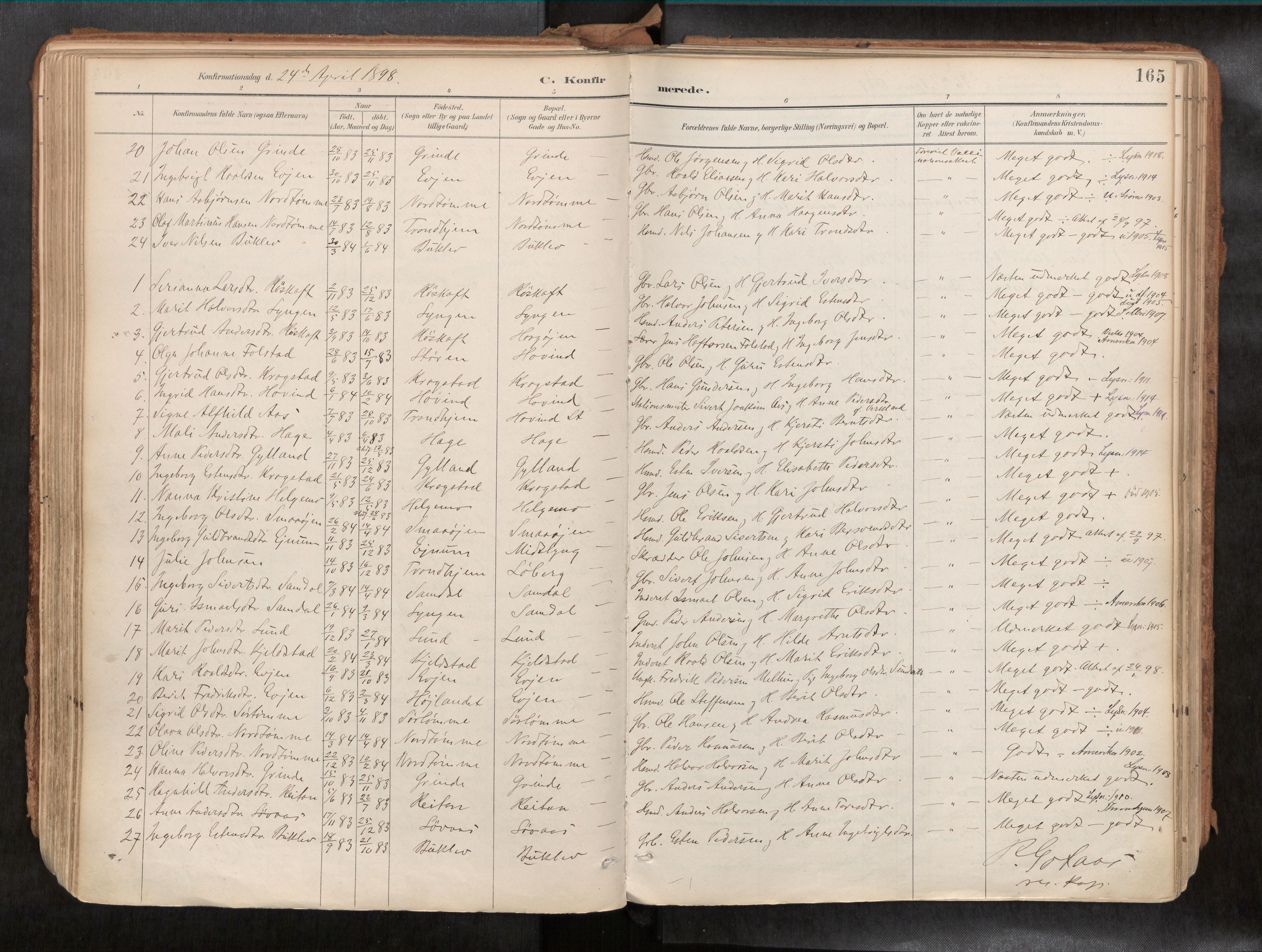 Ministerialprotokoller, klokkerbøker og fødselsregistre - Sør-Trøndelag, AV/SAT-A-1456/692/L1105b: Parish register (official) no. 692A06, 1891-1934, p. 165