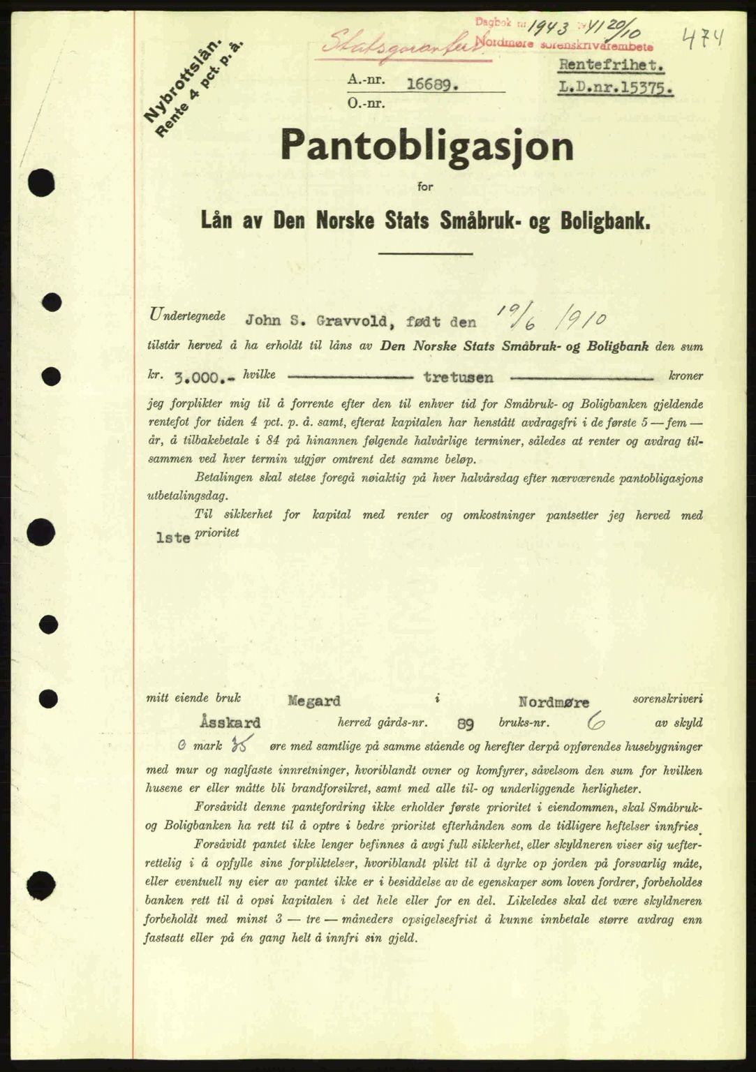 Nordmøre sorenskriveri, AV/SAT-A-4132/1/2/2Ca: Mortgage book no. B88, 1941-1942, Diary no: : 1943/1941