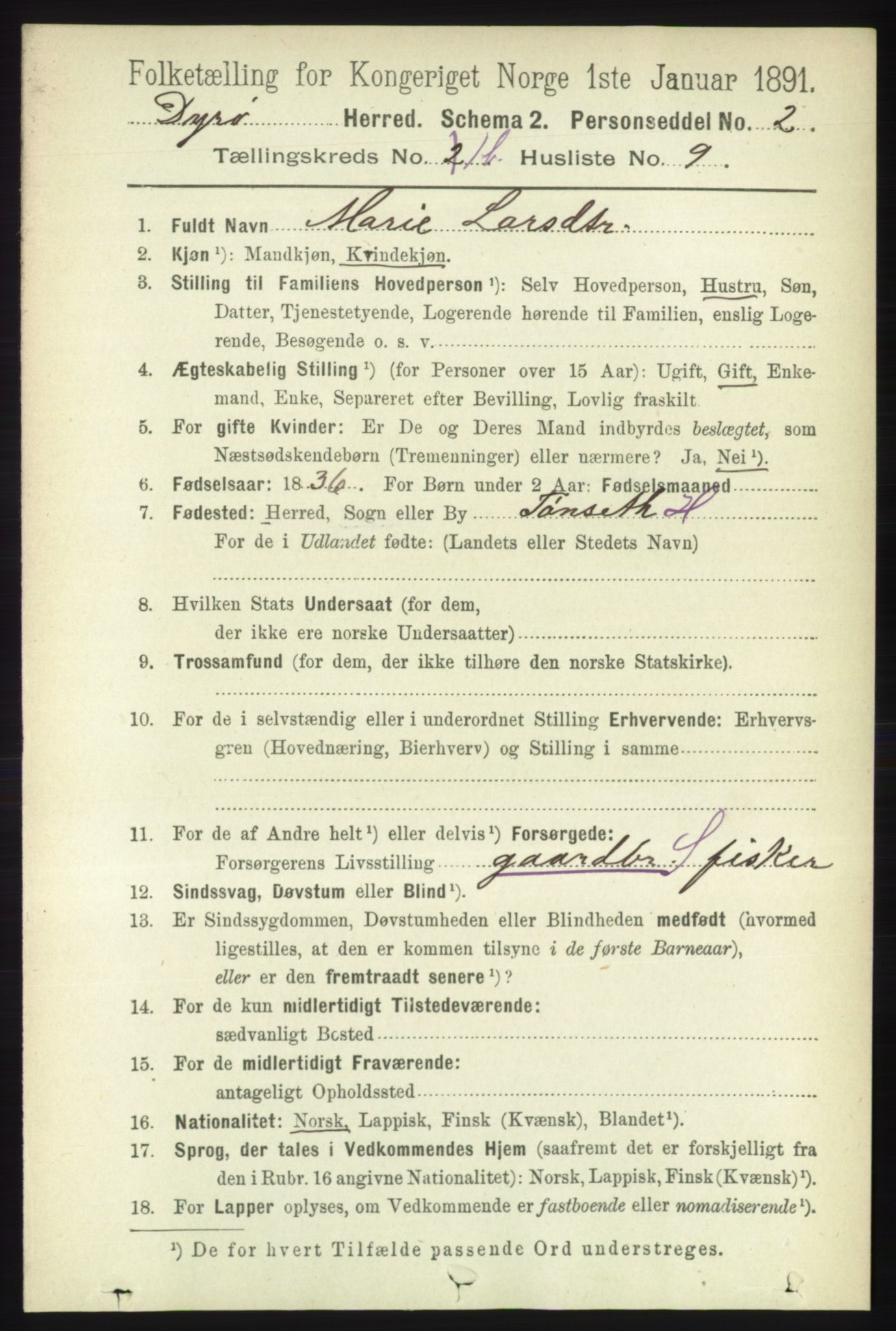 RA, 1891 census for 1926 Dyrøy, 1891, p. 445