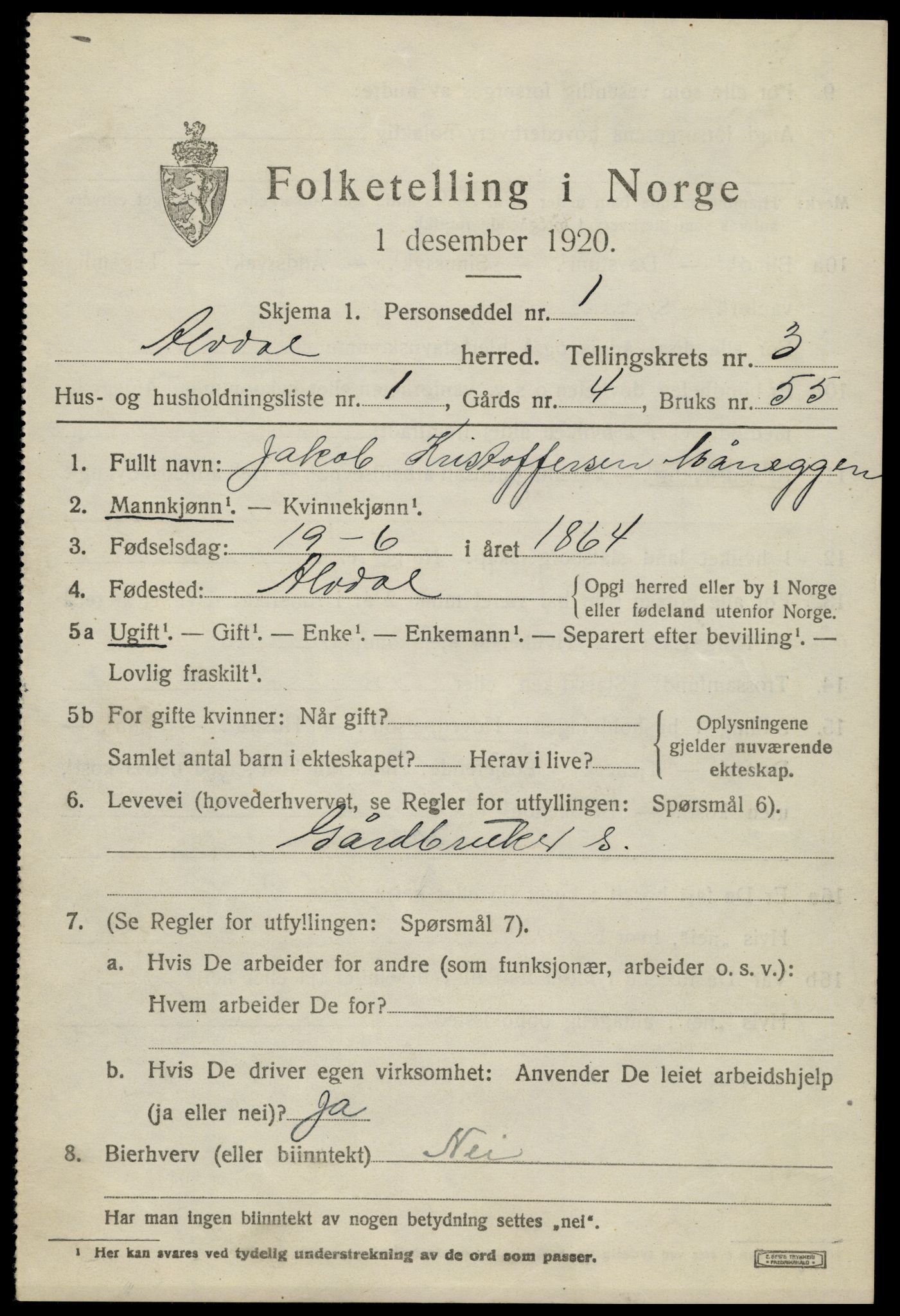 SAH, 1920 census for Alvdal, 1920, p. 1684