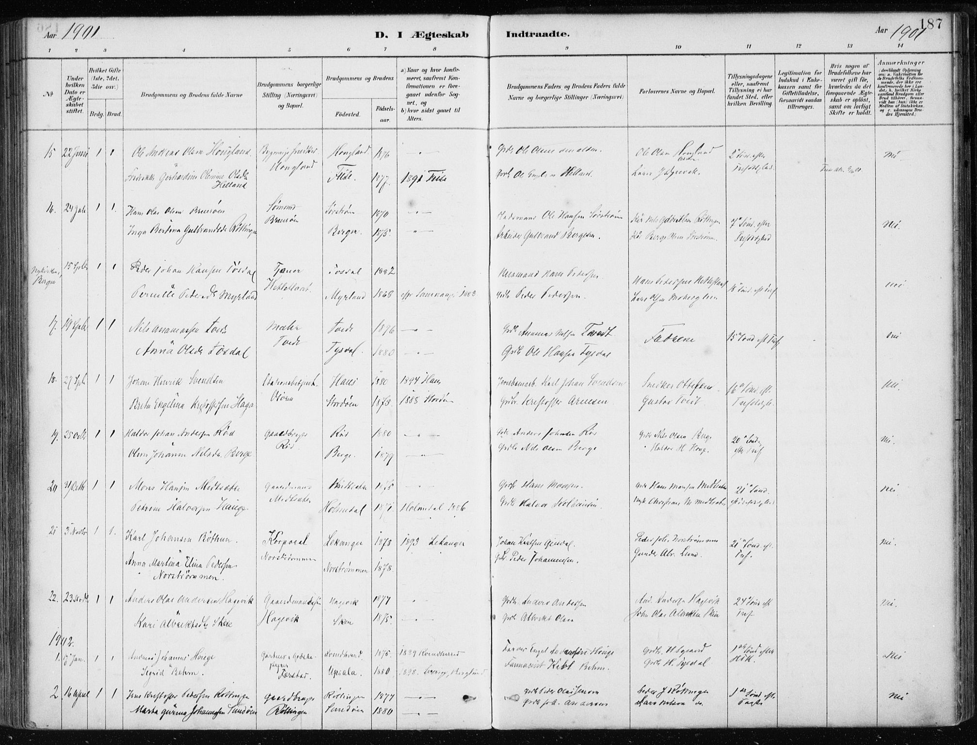 Os sokneprestembete, AV/SAB-A-99929: Parish register (official) no. B 1, 1885-1902, p. 187