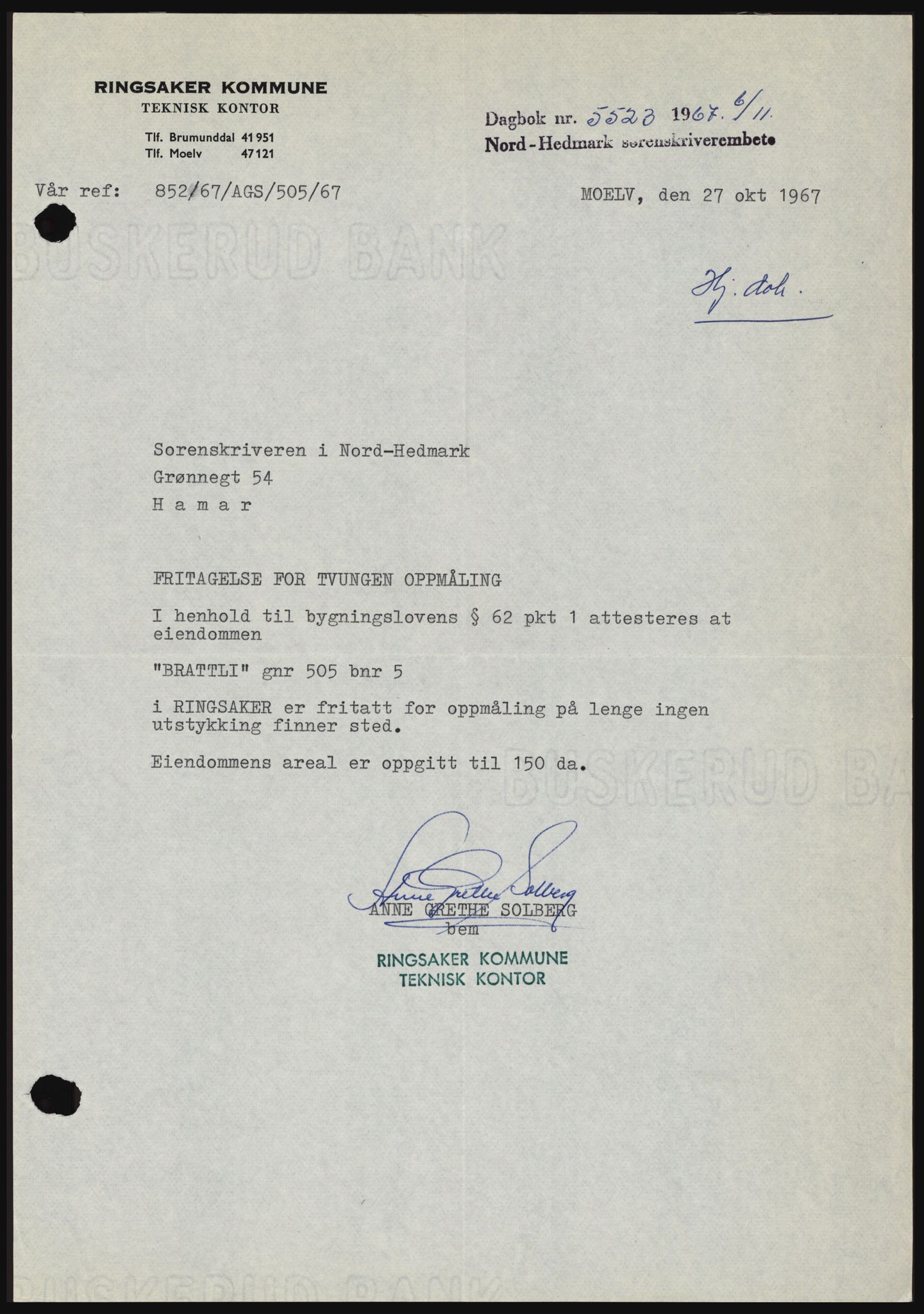 Nord-Hedmark sorenskriveri, SAH/TING-012/H/Hc/L0027: Mortgage book no. 27, 1967-1968, Diary no: : 5523/1967