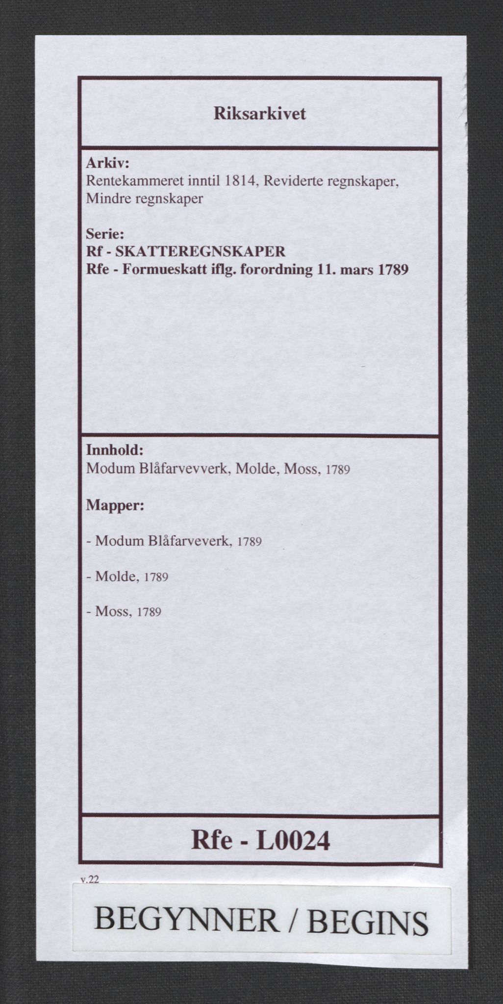 Rentekammeret inntil 1814, Reviderte regnskaper, Mindre regnskaper, RA/EA-4068/Rf/Rfe/L0024: Modum Blåfarvevverk, Molde, Moss, 1789, p. 1