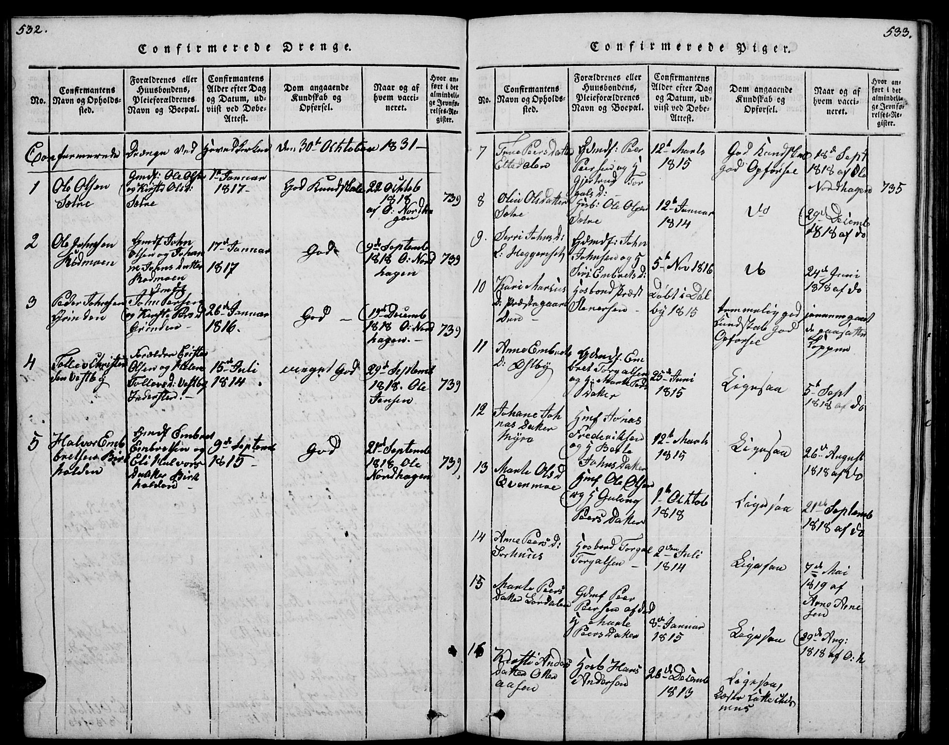 Trysil prestekontor, SAH/PREST-046/H/Ha/Hab/L0004: Parish register (copy) no. 4, 1814-1841, p. 532-533