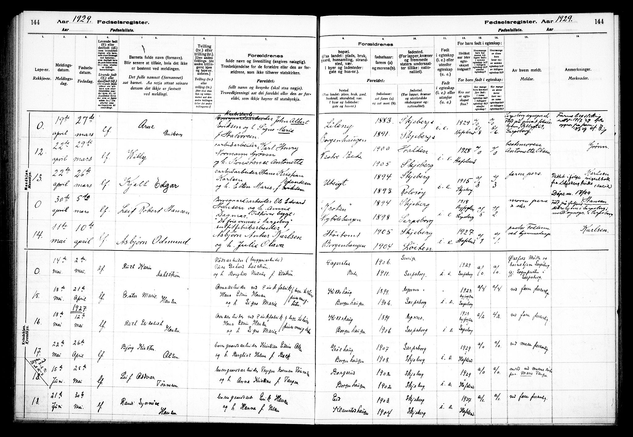 Skjeberg prestekontor Kirkebøker, AV/SAO-A-10923/J/Jd/L0001: Birth register no. IV 1, 1916-1935, p. 144