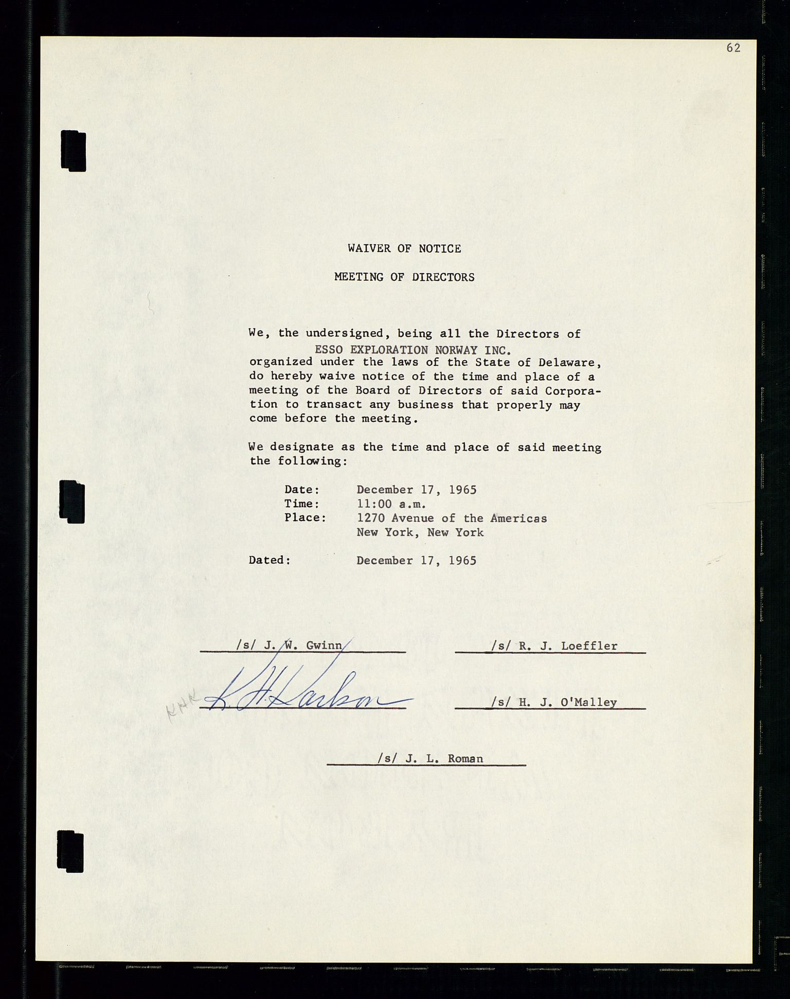 Pa 1512 - Esso Exploration and Production Norway Inc., SAST/A-101917/A/Aa/L0001/0001: Styredokumenter / Corporate records, By-Laws, Board meeting minutes, Incorporations, 1965-1975, p. 62