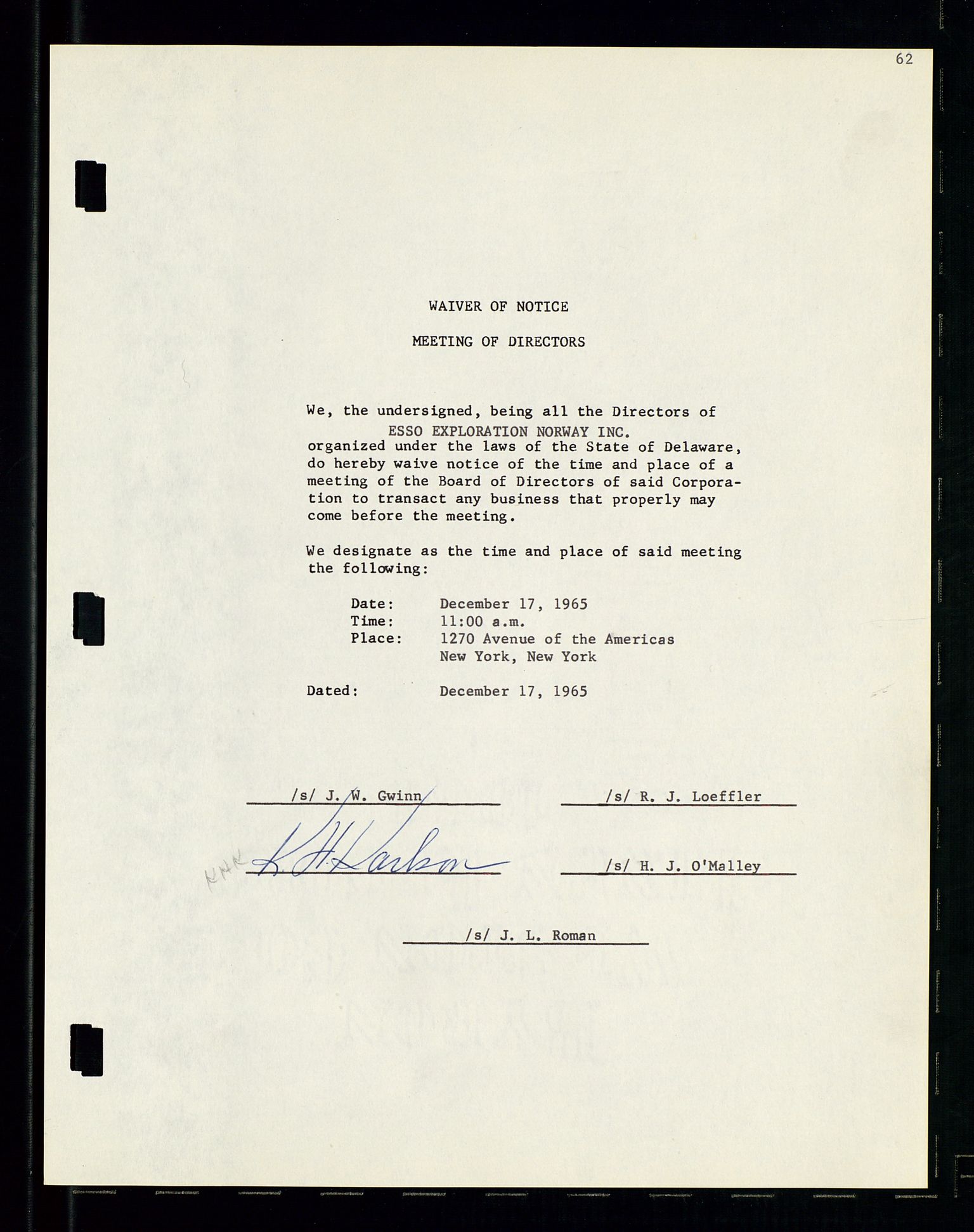 Pa 1512 - Esso Exploration and Production Norway Inc., AV/SAST-A-101917/A/Aa/L0001/0001: Styredokumenter / Corporate records, By-Laws, Board meeting minutes, Incorporations, 1965-1975, p. 62