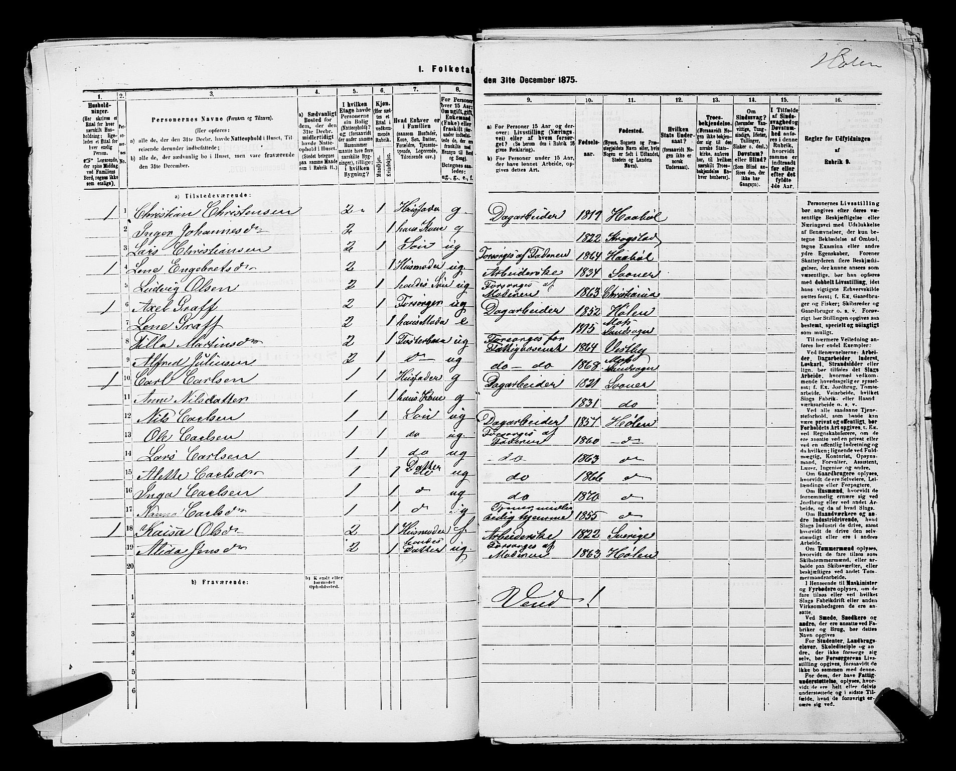 RA, 1875 census for 0204B Vestby/Hølen, 1875, p. 16