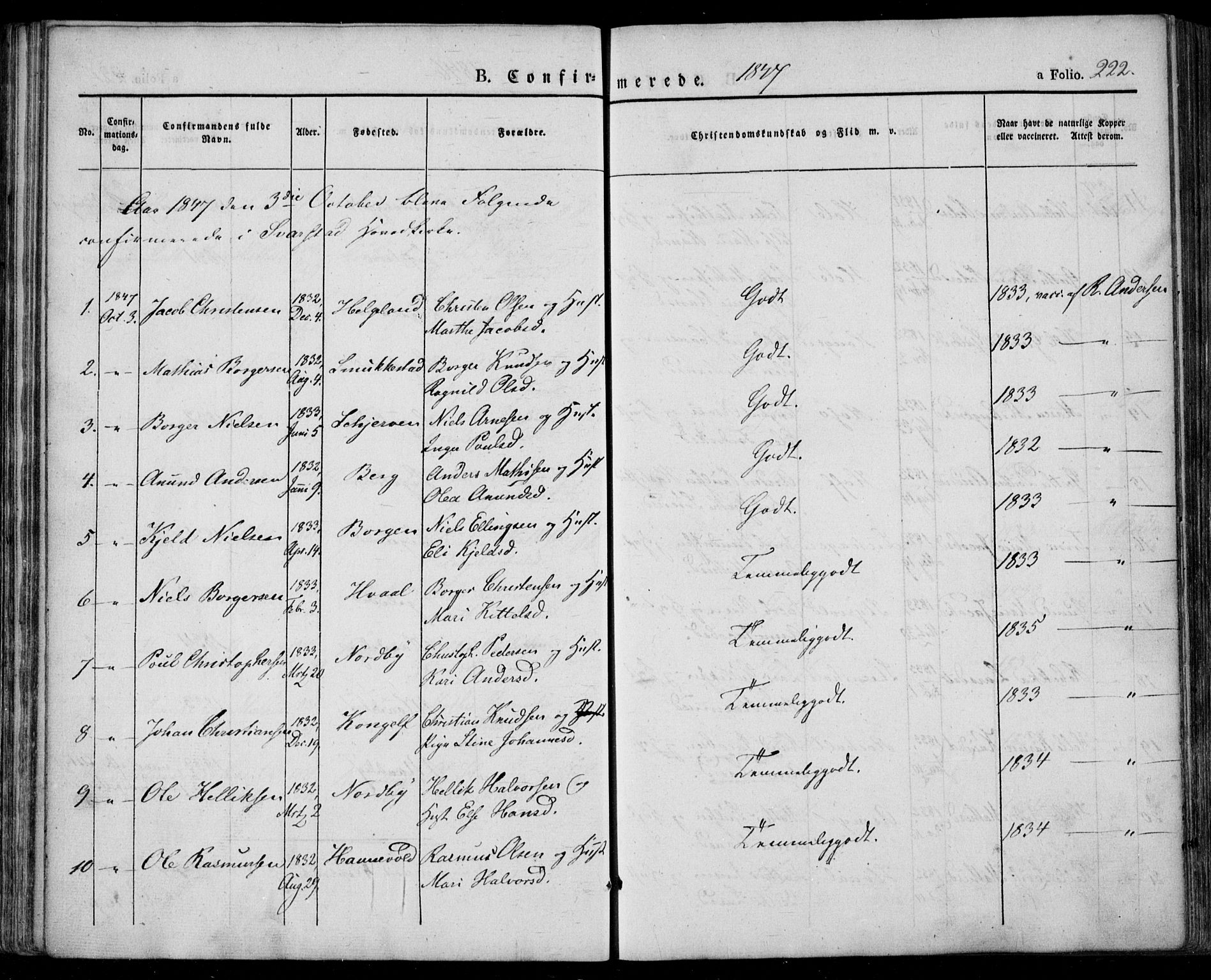 Lardal kirkebøker, SAKO/A-350/F/Fa/L0006: Parish register (official) no. I 6, 1835-1860, p. 222
