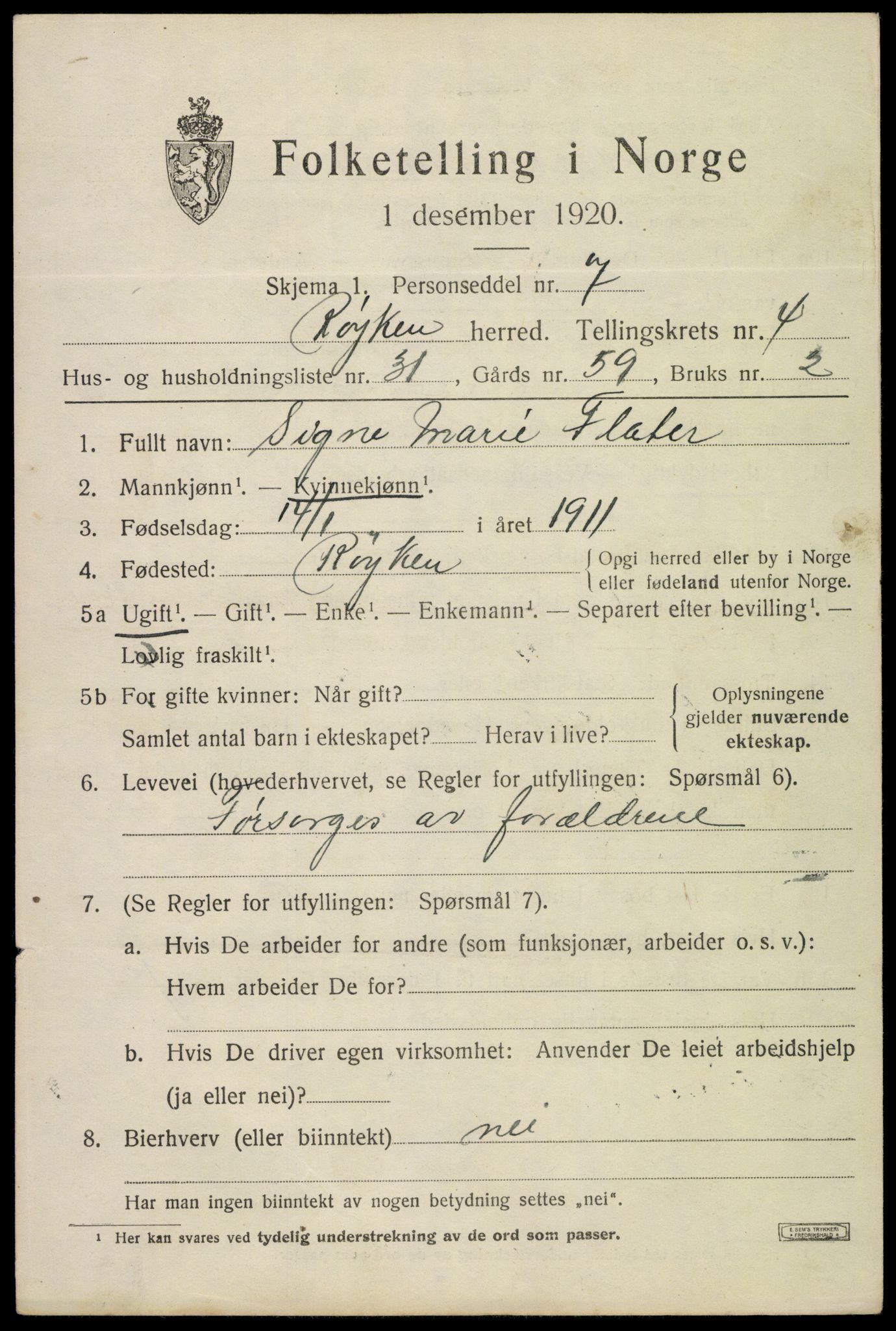 SAKO, 1920 census for Røyken, 1920, p. 5924