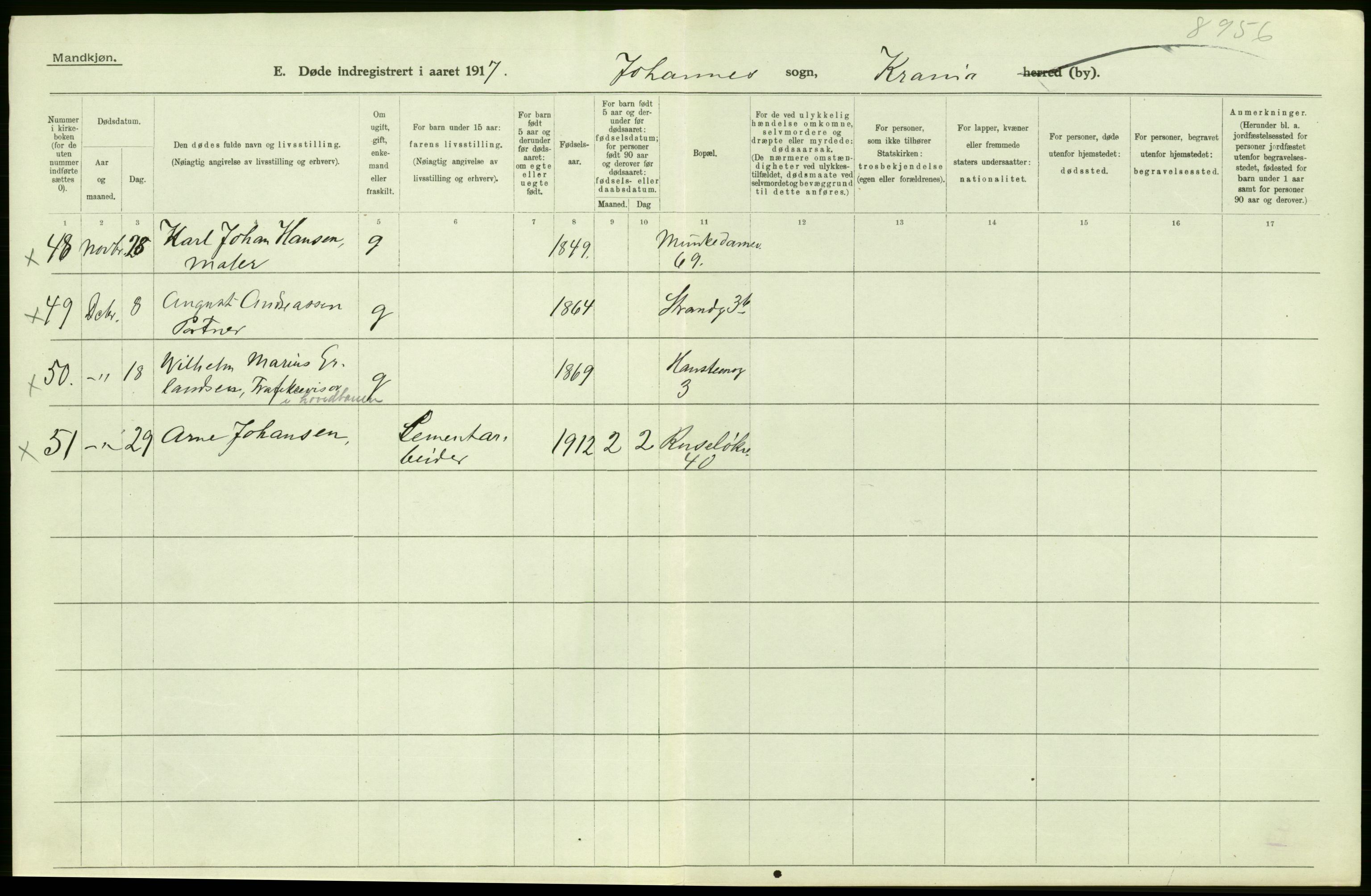 Statistisk sentralbyrå, Sosiodemografiske emner, Befolkning, RA/S-2228/D/Df/Dfb/Dfbg/L0010: Kristiania: Døde, 1917, p. 504