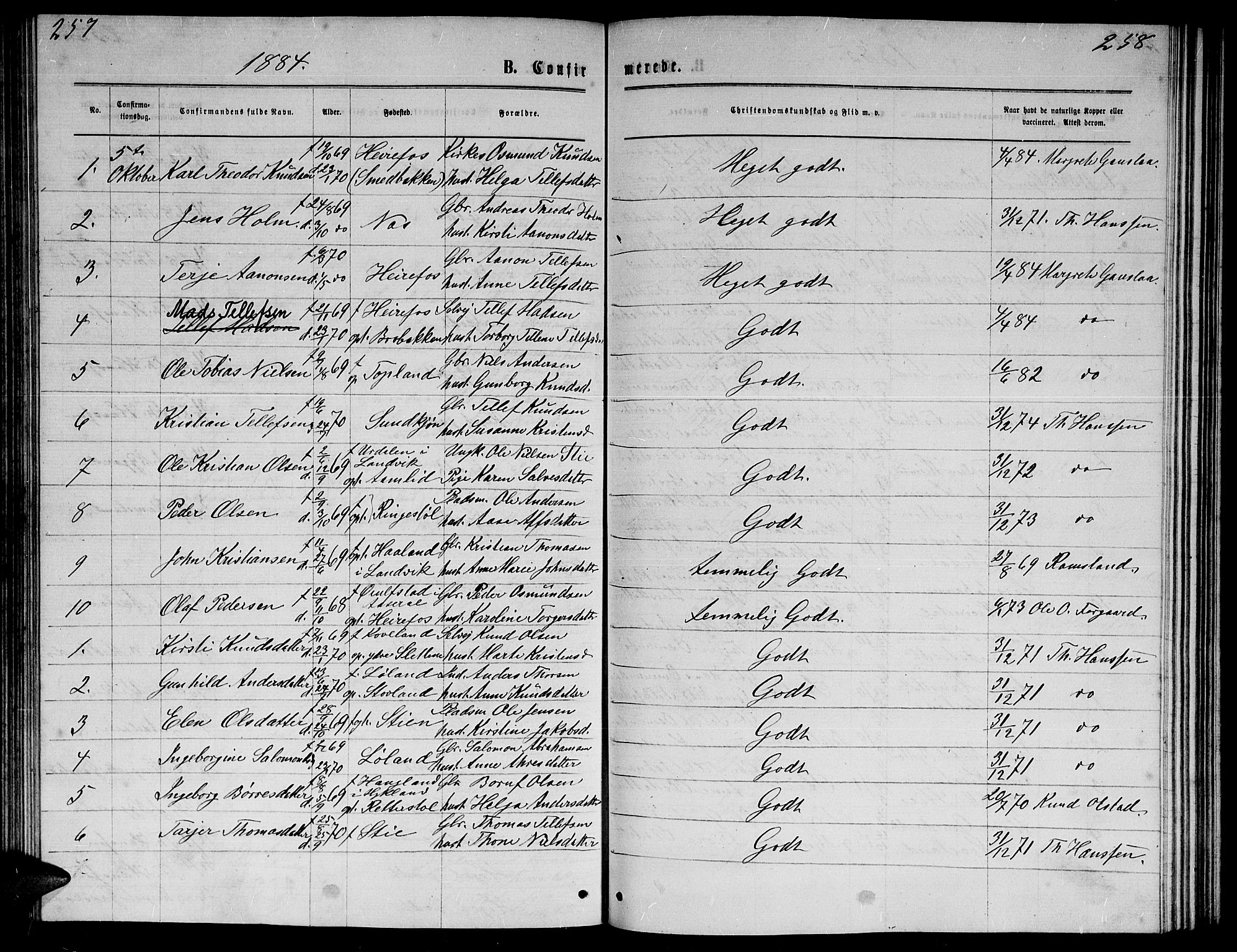 Herefoss sokneprestkontor, AV/SAK-1111-0019/F/Fb/Fba/L0002: Parish register (copy) no. B 2, 1868-1886, p. 257-258