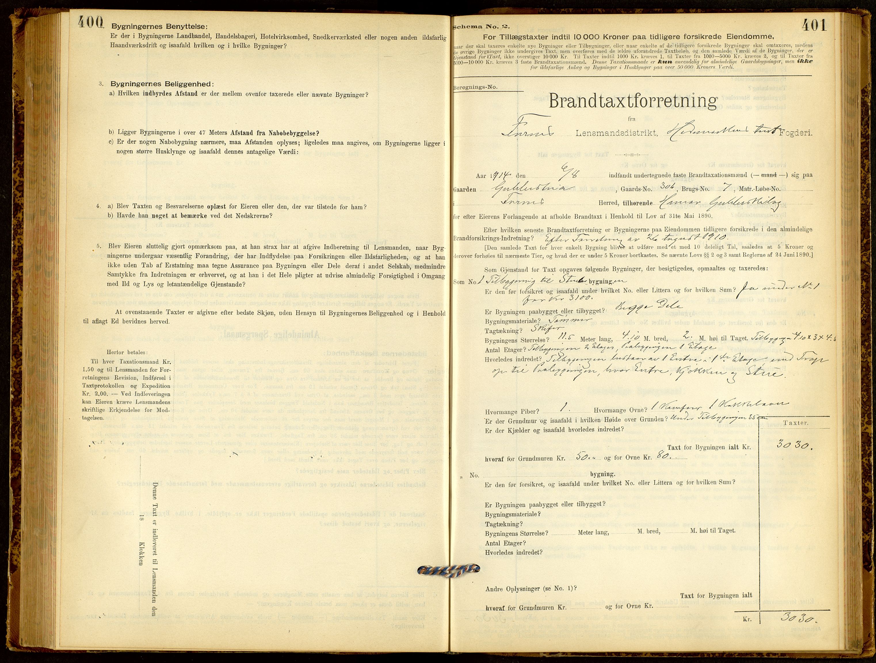 Norges Brannkasse, Furnes, AV/SAH-NBRANF-004/F/L0006: Branntakstprotokoll, 1908-1954, p. 400-401