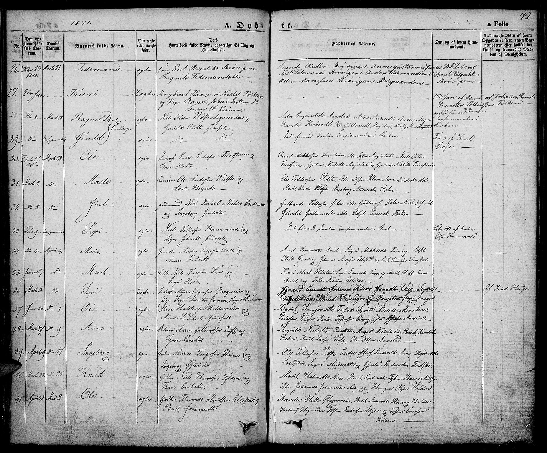 Slidre prestekontor, AV/SAH-PREST-134/H/Ha/Haa/L0003: Parish register (official) no. 3, 1831-1843, p. 72