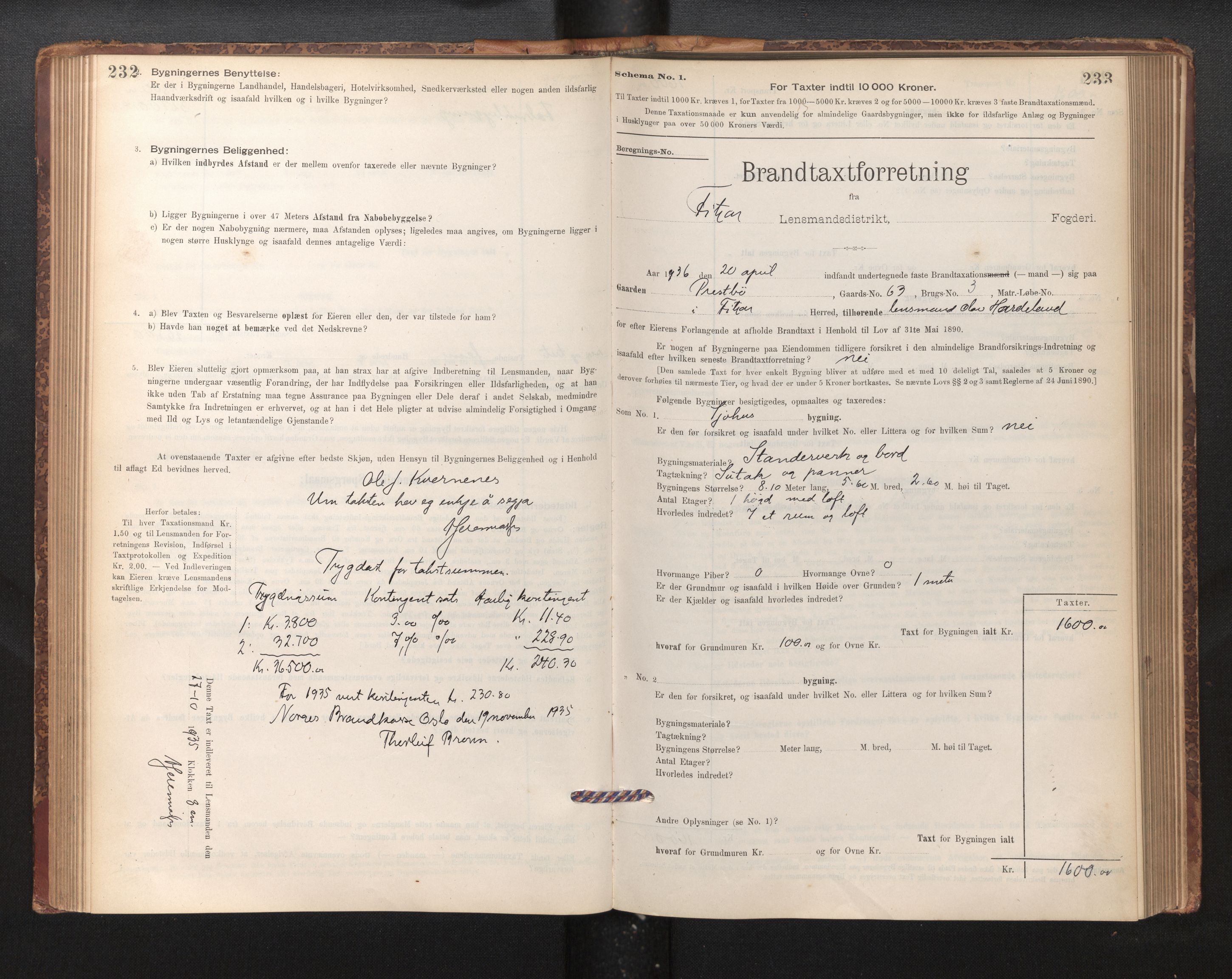 Lensmannen i Fitjar, SAB/A-32001/0012/L0001: Branntakstprotokoll, skjematakst, 1895-1948, p. 232-233