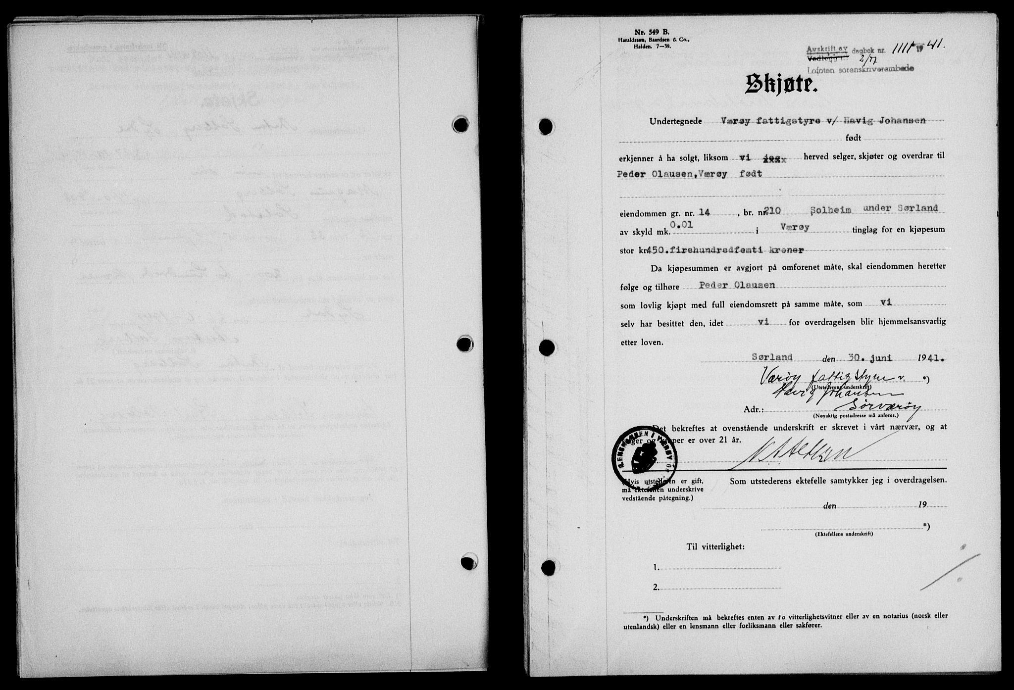 Lofoten sorenskriveri, SAT/A-0017/1/2/2C/L0008a: Mortgage book no. 8a, 1940-1941, Diary no: : 1111/1941