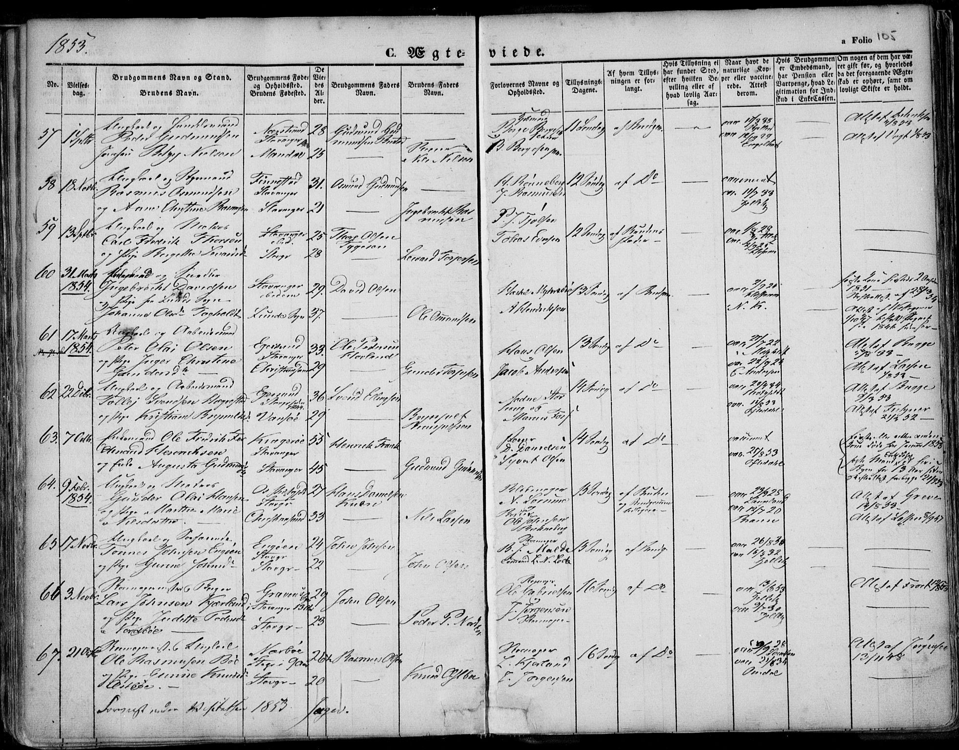 Domkirken sokneprestkontor, SAST/A-101812/001/30/30BA/L0015: Parish register (official) no. A 14, 1842-1857, p. 105