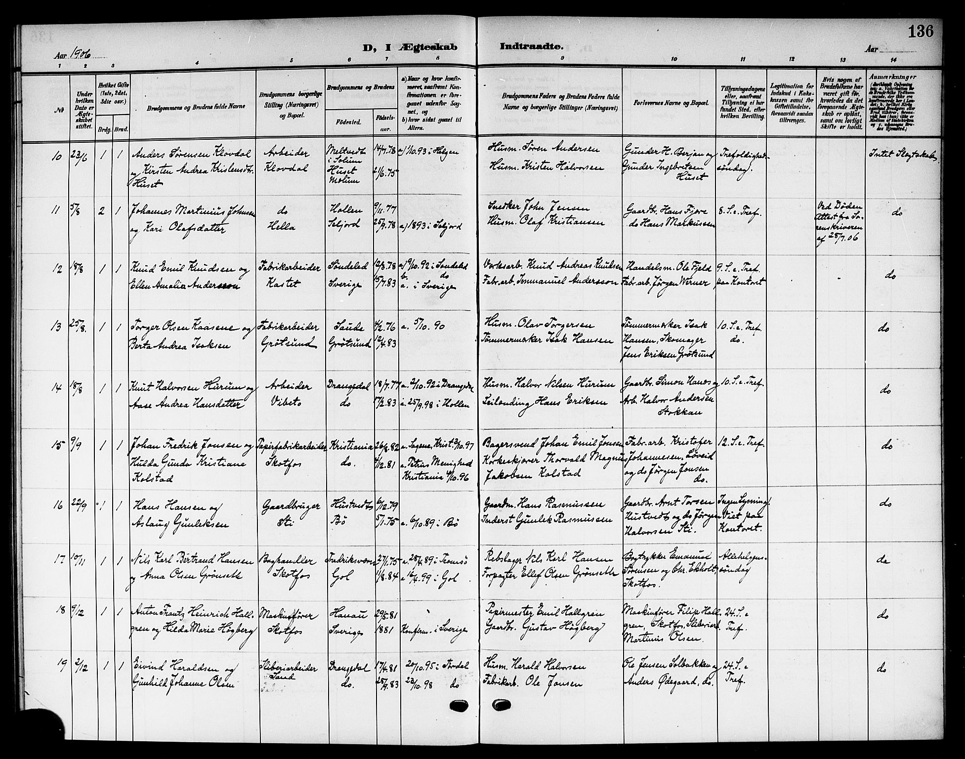 Solum kirkebøker, AV/SAKO-A-306/G/Gb/L0005: Parish register (copy) no. II 5, 1905-1914, p. 136