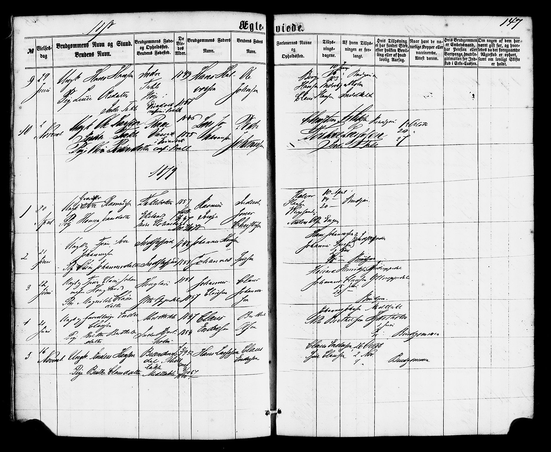 Gulen sokneprestembete, SAB/A-80201/H/Haa/Haac/L0001: Parish register (official) no. C 1, 1859-1881, p. 147