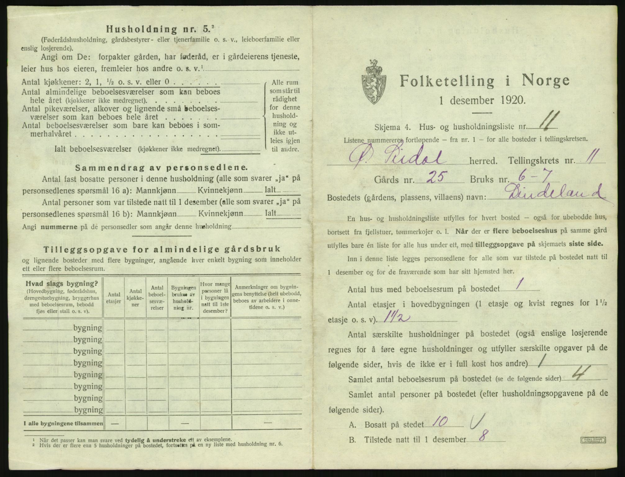 SAK, 1920 census for Øvre Sirdal, 1920, p. 329