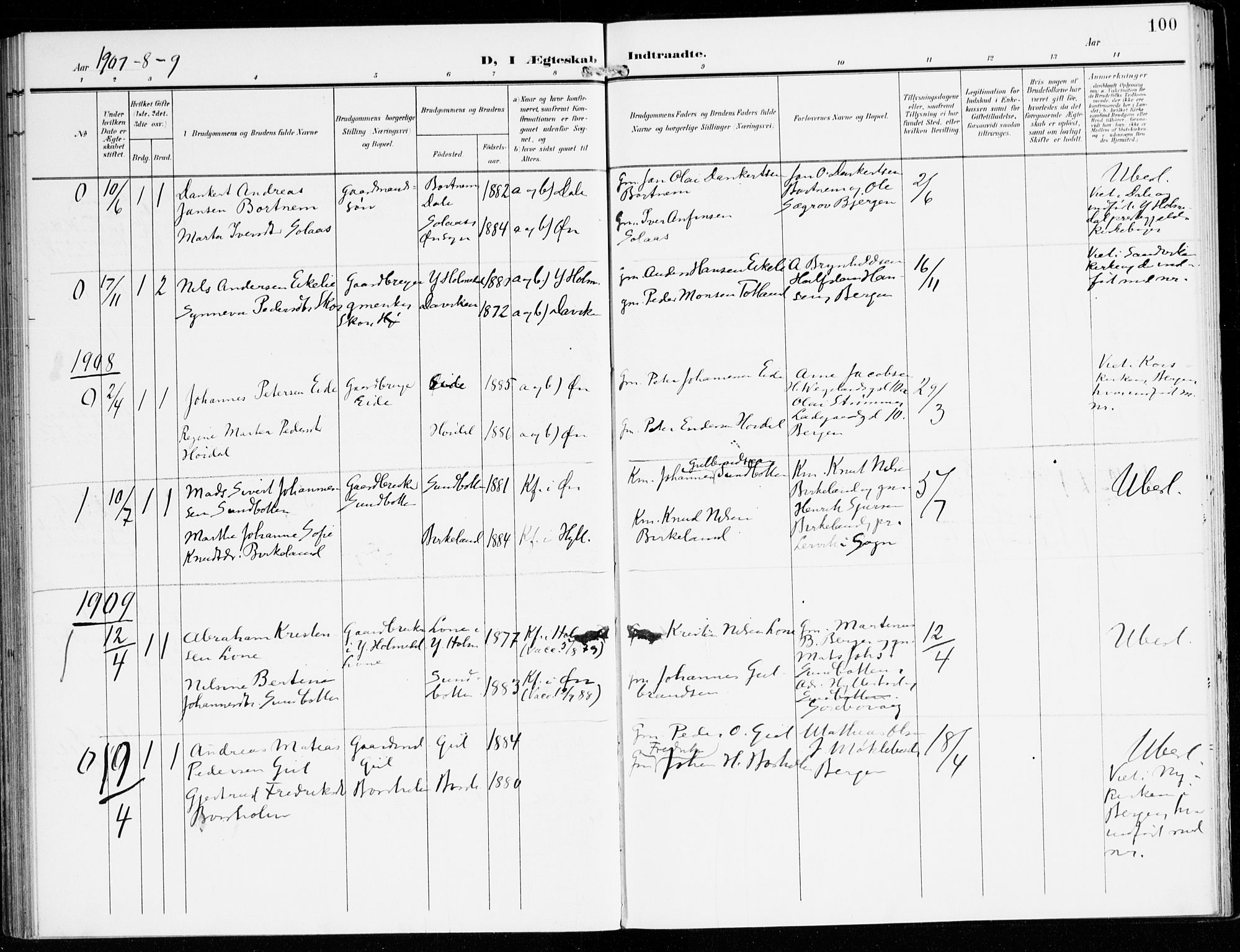 Hyllestad sokneprestembete, SAB/A-80401: Parish register (official) no. D 2, 1905-1919, p. 100
