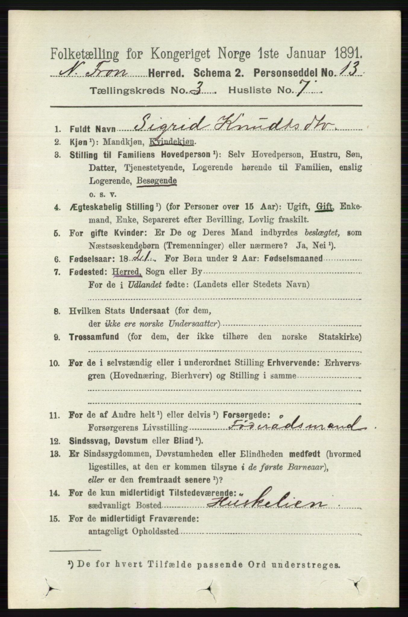 RA, 1891 census for 0518 Nord-Fron, 1891, p. 888