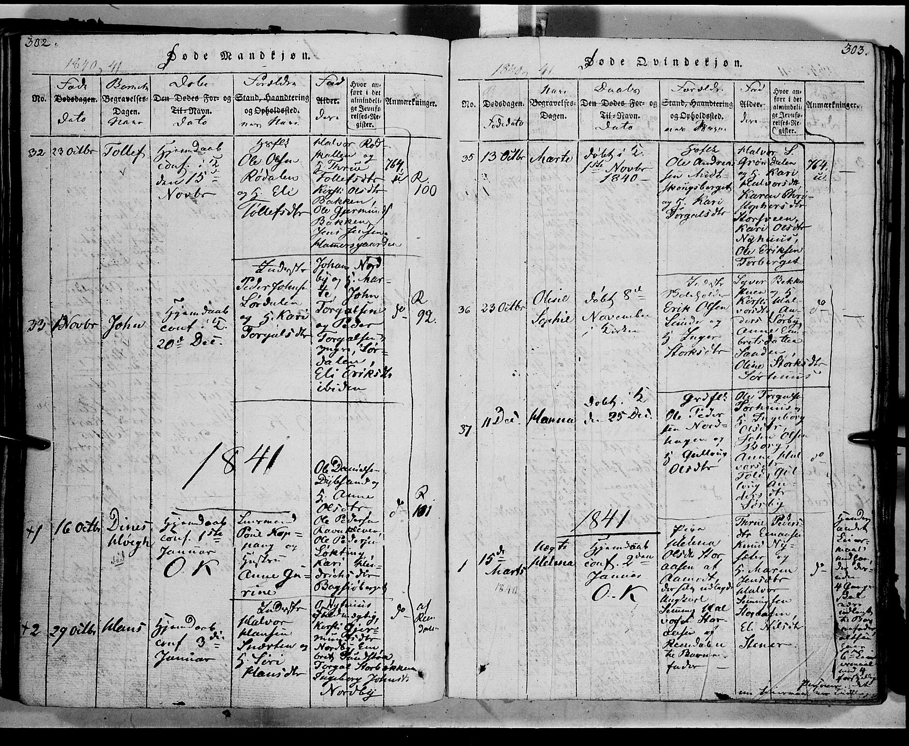 Trysil prestekontor, SAH/PREST-046/H/Ha/Haa/L0003: Parish register (official) no. 3 /1, 1814-1841, p. 302-303